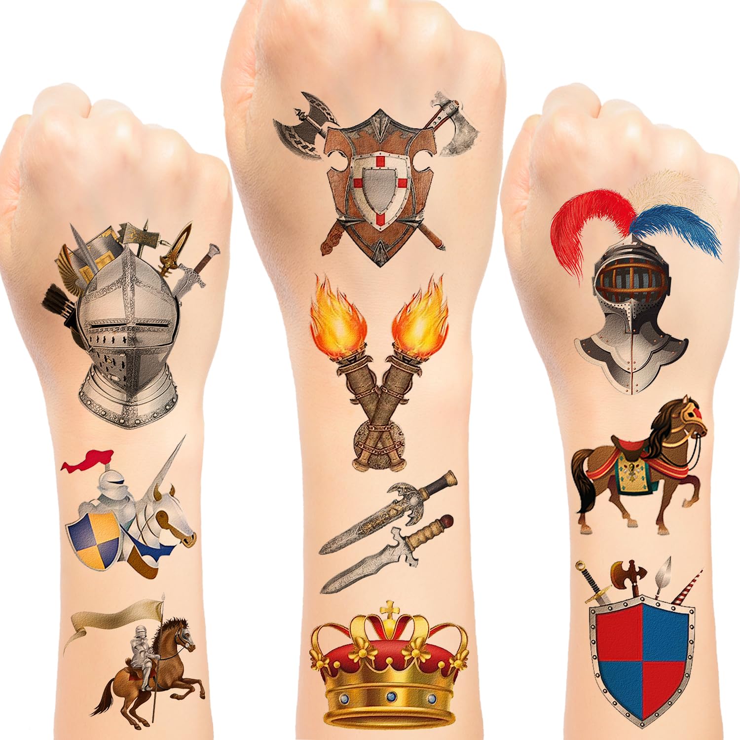 288PCS Knight Medieval Castle Temporary Tattoos Medieval Knight Crown Castles Party Favors Decorations Supplies for Kids Boys Adults Knight Costume Cosplay Crusader Knight Birthday Party (24Sheet)