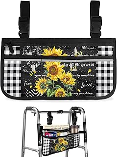 Sunflowers Bee Wheelchair Side Bag Walker Bag, Rustic Flowers Black and White Checkered Wheelchair Accessories Armrest Pouch, Organizer Storage Bag for Walkers, Rollators, Scooters, 7.3'x13'