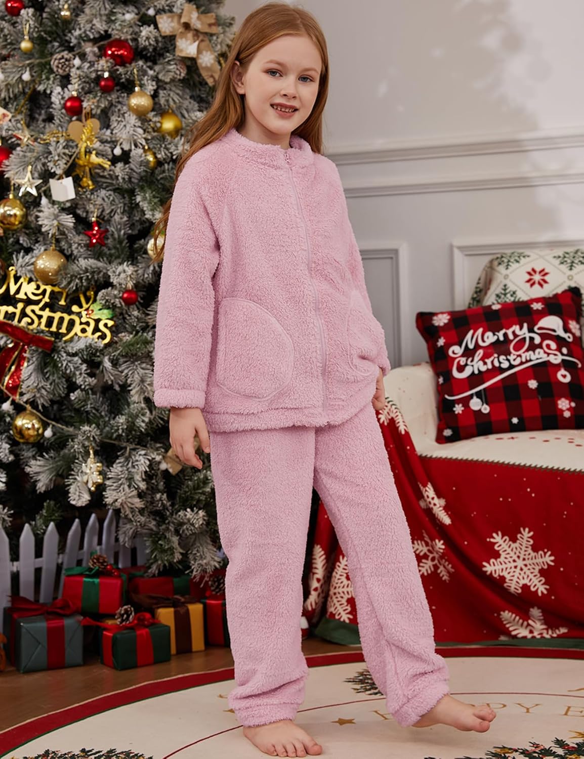 Girls Fleece Pants Sets Kids Fuzzy Sweatshirts Outfits Winter Zip Up Fluffy Sweatsuits Set - Image 5