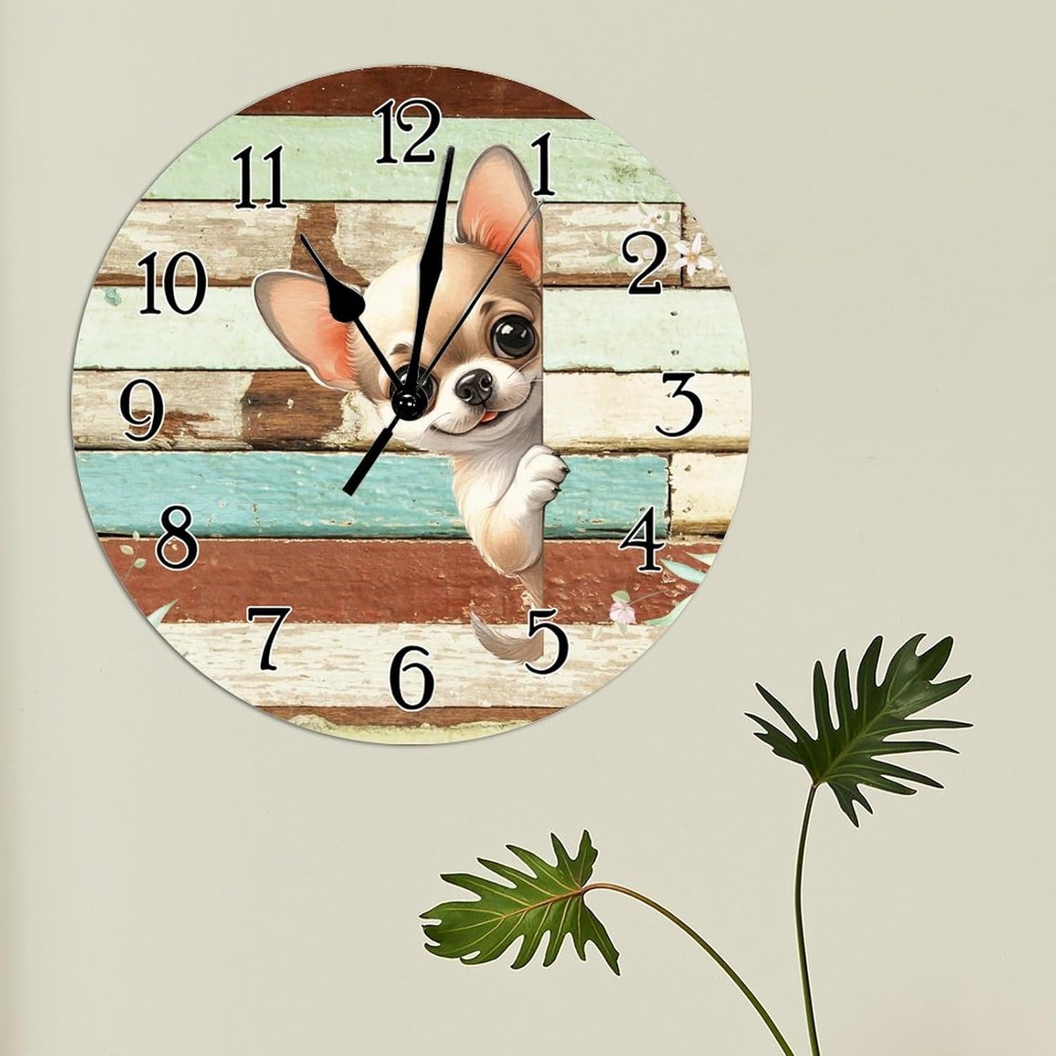 Chihuahua Dog Peeking Around Corner Clocks Chihuahua Wall Clocks Battery Operated Round Wall Clock Puppy Dog Animal Wooden Wall Clock for Bathroom Bedroom 12x12in