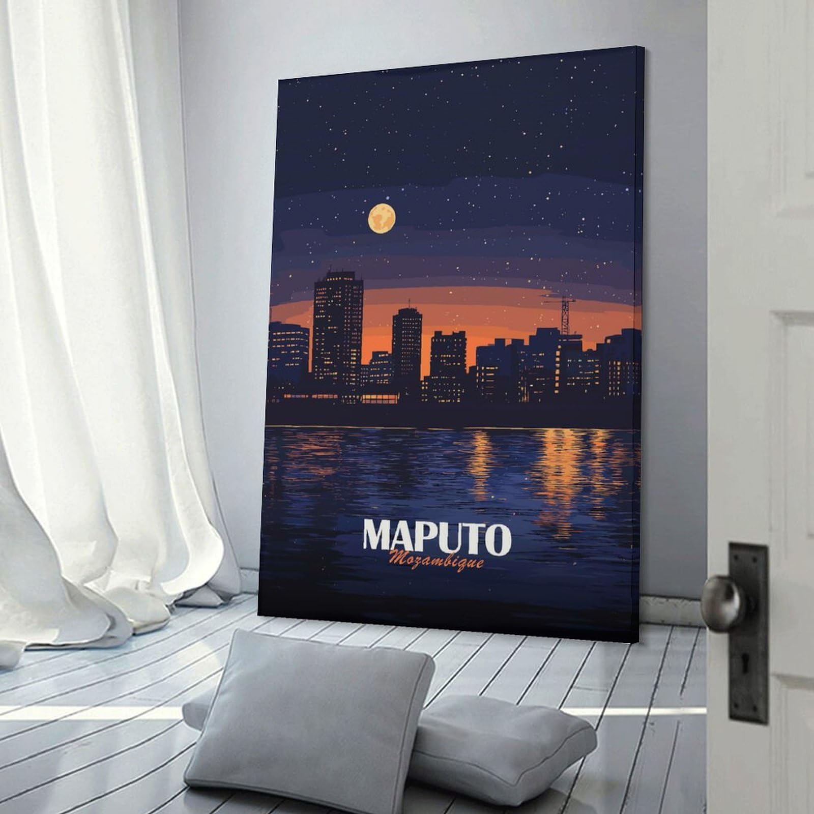 Junmoney Canvas Wall Art Maputo, Mozambique Cityscape at Night, 20x30inch(50x75cm), for Corridors, Hallways Or Apartment Entries, Decorative Canvas Styling for Entry Areas