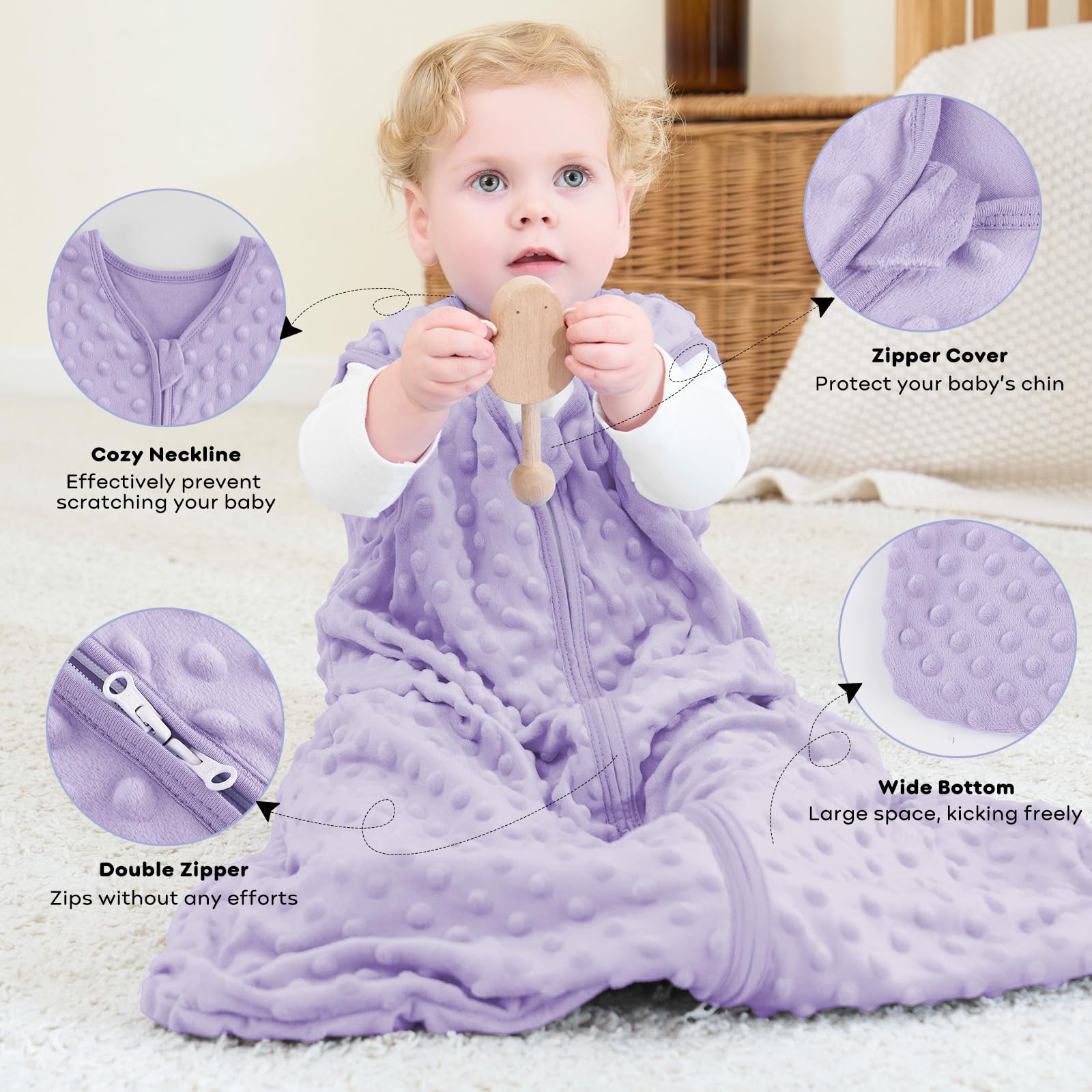 FIEMOL Sacco Nanna Invernale 18-24 Mesi, Neonato Sacchi Nanna 1.5 Tog Autunno con Pois di Peluche, Morbido Sacco Nanna per Bambini in Cotone, Confezione da 2 Pezzi Rosa e Viola