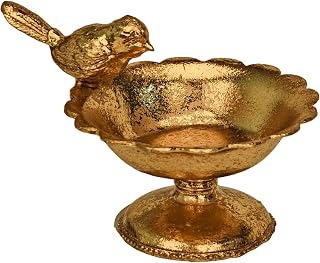 Vintage Gold Jewelry Dish 3D Bird, Antique Alloy Trinket Tray | Distressed Metal Jewelry Holder with Scalloped Edge & Carved Pedestal Base; Multi-use for Rings,Key,Bathroom,Table Home Decor
