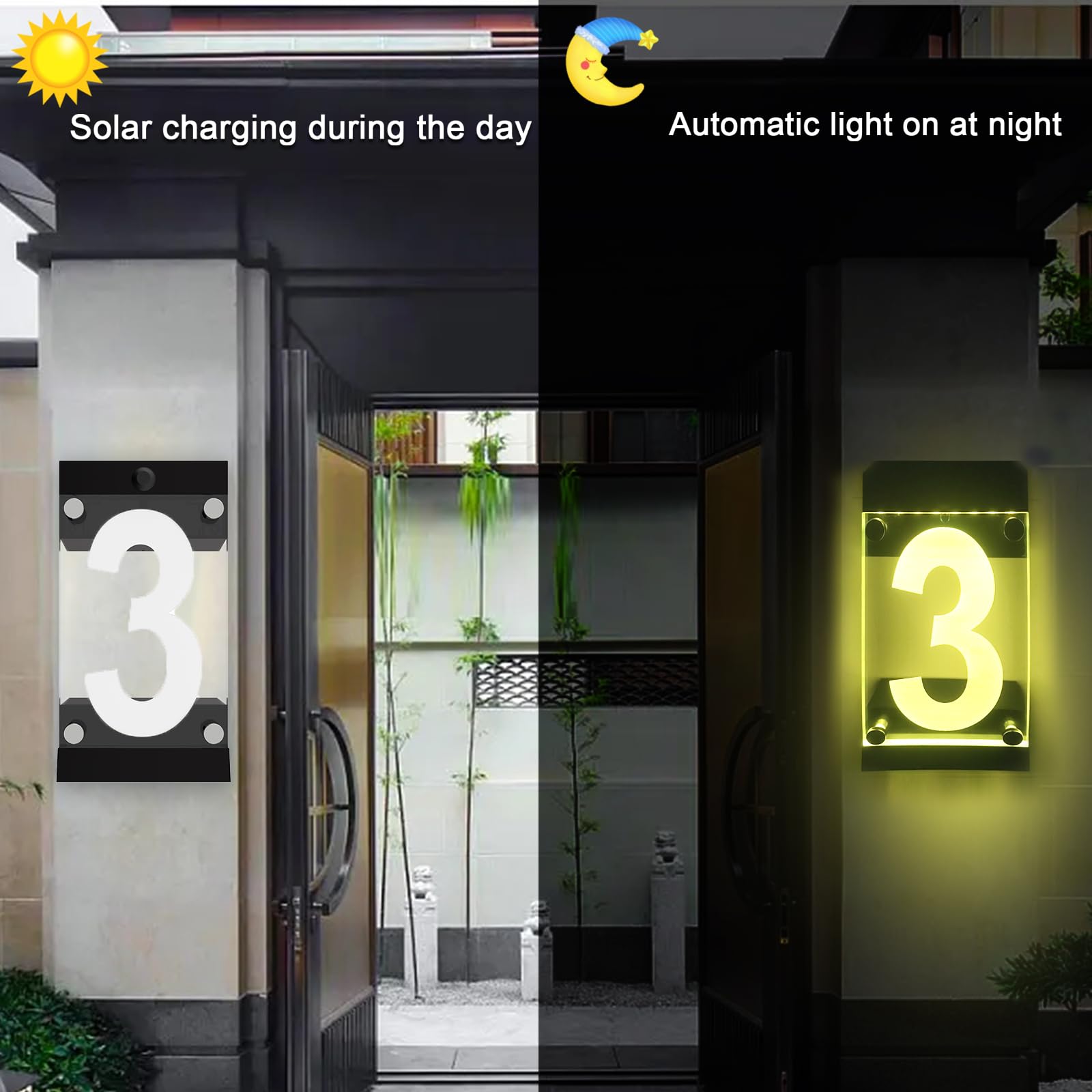Acrylics Solar-Adressschild, LED-beleuchtete Solar-Hausnummern für draußen, wasserdicht, RGBW, Farbwechsel-Fernbedienung, beleuchtet, modernes Adressschild, solarbetrieben für Hof, Haus (Digit