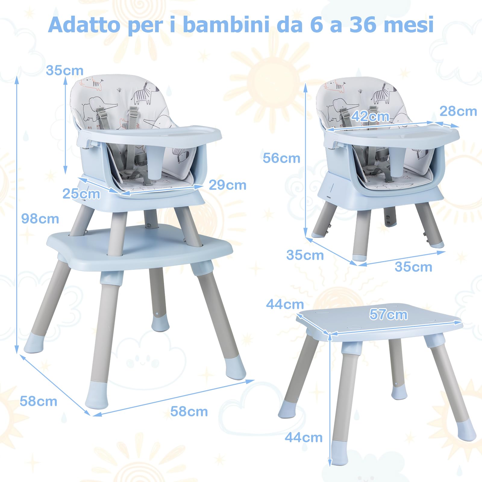 RELAX4LIFE 6 en 1 Trona Bebé con Arnes de 5 Puntos y Cojín Desmontables, Tronas de Bebe Portátil con Bandeja Ajustable y Extraíble, Mesa y Silla Infantil para Niños 6+ Meses, Carga 25kg (Azul)