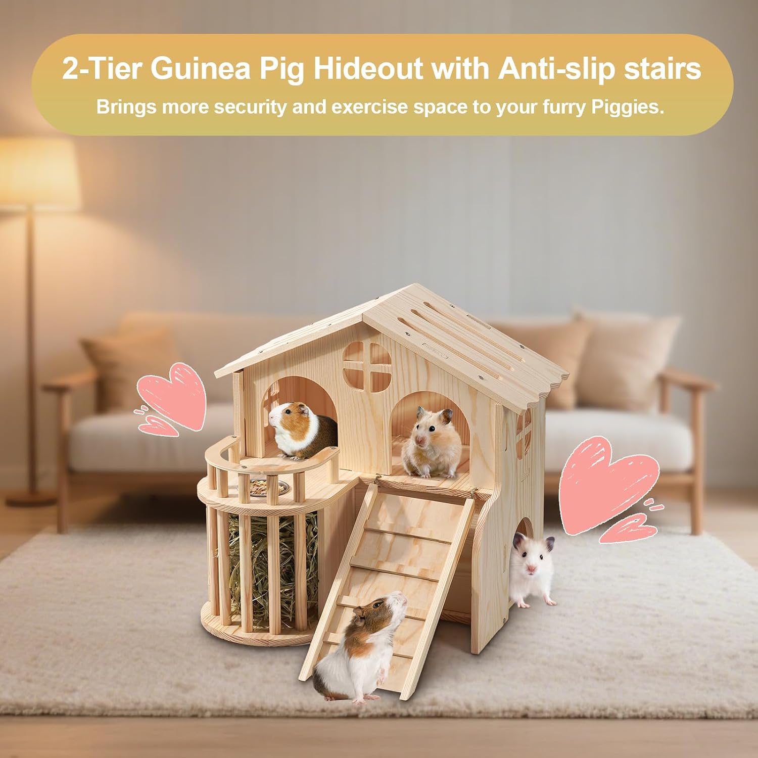 Guinea Pig Hideout, Wooden 2-Tier Guinea Piggy Castle House Habitat Accessories with Removable Ladder Food Bowl & Hay Rack Easy to Assemble for Small Animal Hamsters Syrian Hamsters Gerbils Rats