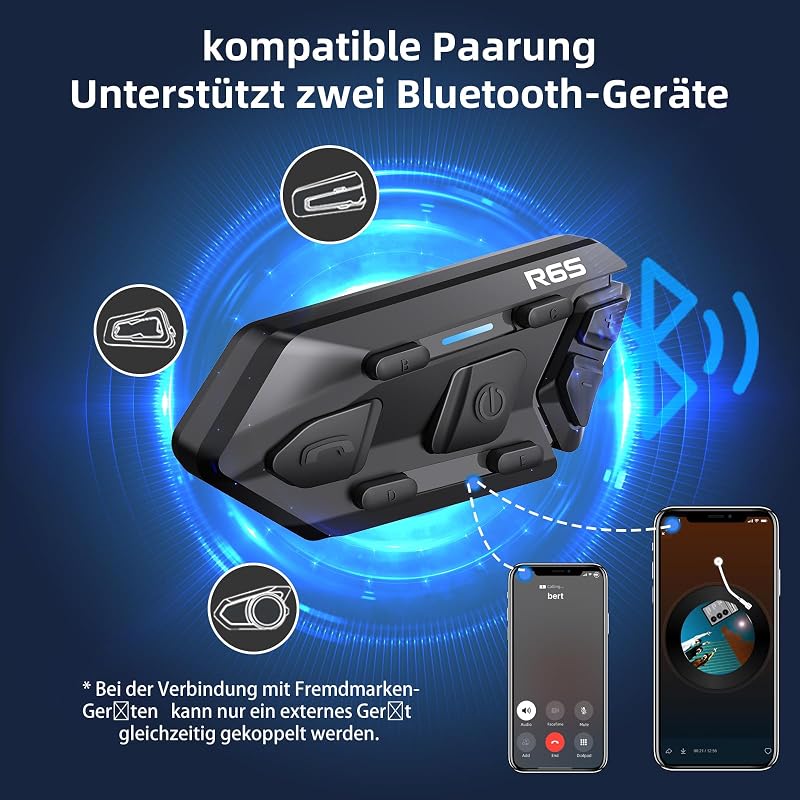WAYXIN R6S Motoros Headset - 1200m Hatótávolságú Bluetooth Kommunikációs Rendszer 6 Motoros Összekapcsolásával, Vízálló, Kihangosító, Zajszű