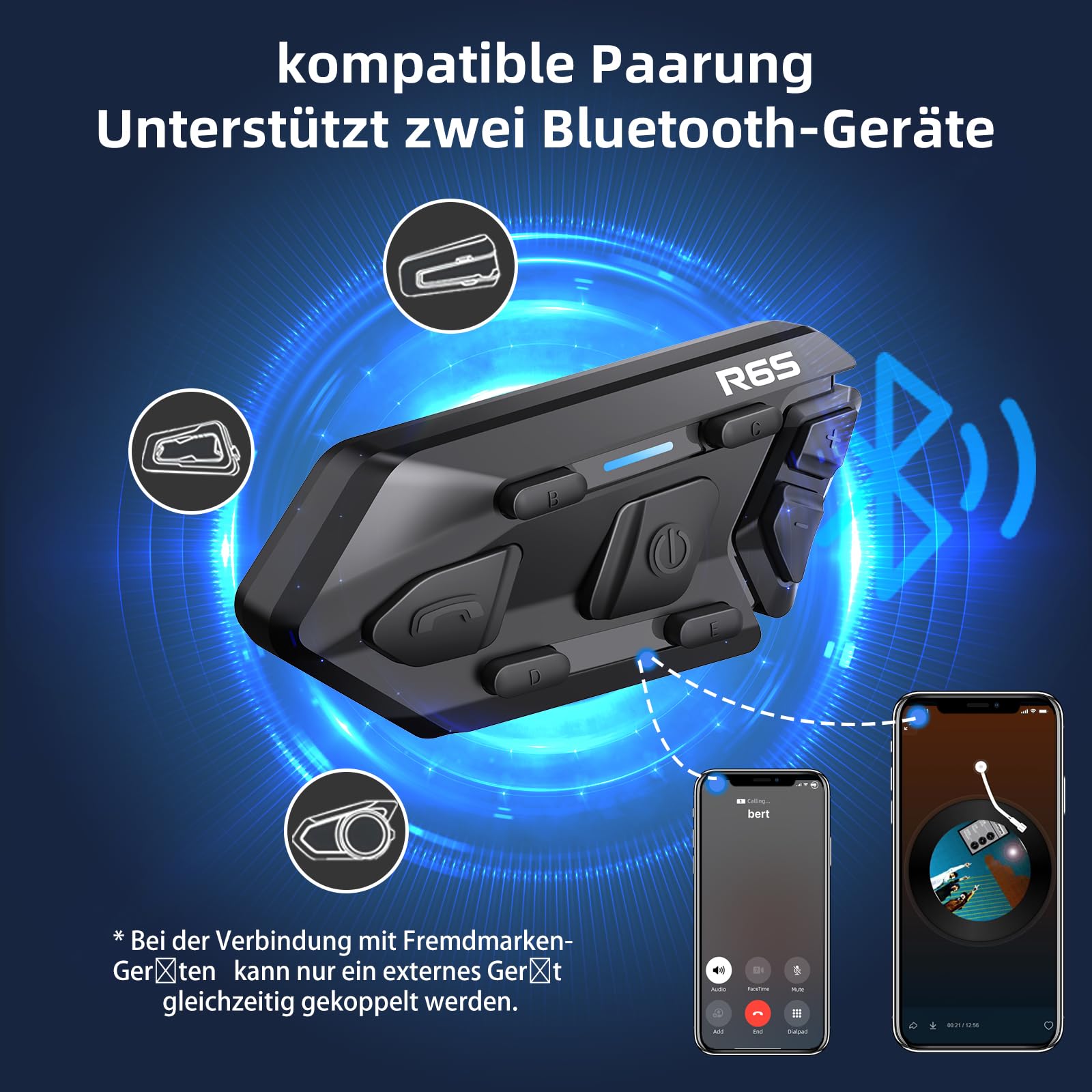 R6S interfono moto Fino a 6 Piloti, Comunicazione Bluetooth con Controllo Vocale per Interfono 2 Persone, bluetooth casco moto Cancellazione del Rumore DSP&CVC/HiFi/Impermeabile/Universale (1pc)
