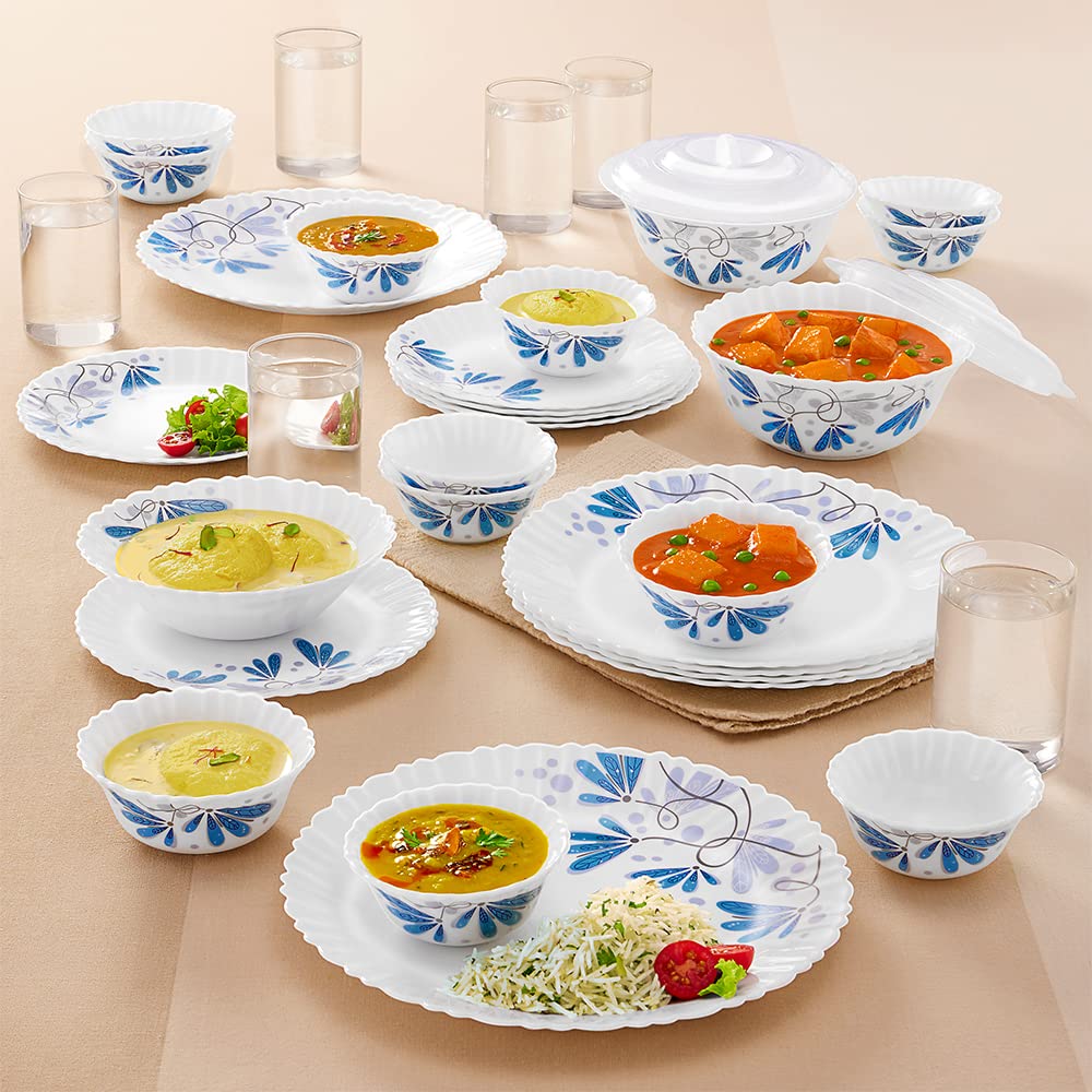Larah by Borosil Twilight Silk Series Opalware Dinner Set with Glasses,35 Pieces for Family of 6,Microwave&Dishwasher Safe,Bone-Ash Free,Crockery Set for Dining&Gifting,Plates&Bowls,White,Leaf (B0C53RHGKC) Amazon Price History, Amazon Price Tracker