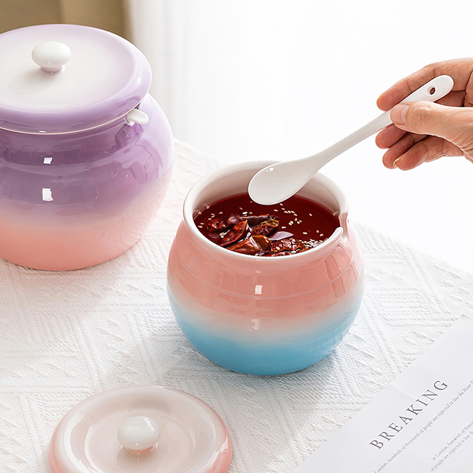 Azucarero de cerámica con tapa y cuchara, tarro de porcelana para sal y azúcar, recipiente para condimentos, tarro de almacenamiento de condimentos de pimienta para el hogar, cocina, 300 ml,
