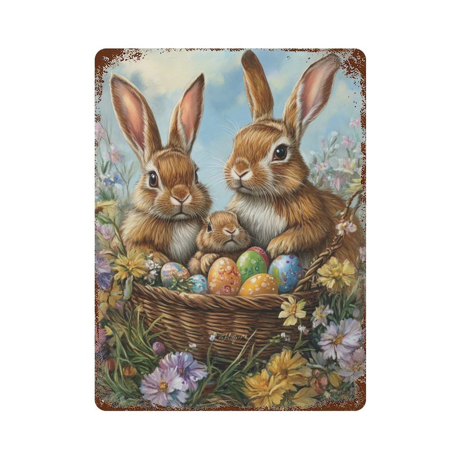 Garage Style Easter Basket with Bunnies Weathered Tin Sign 15.7"x11.8", Old School Wall Decor for Bar And Workshop