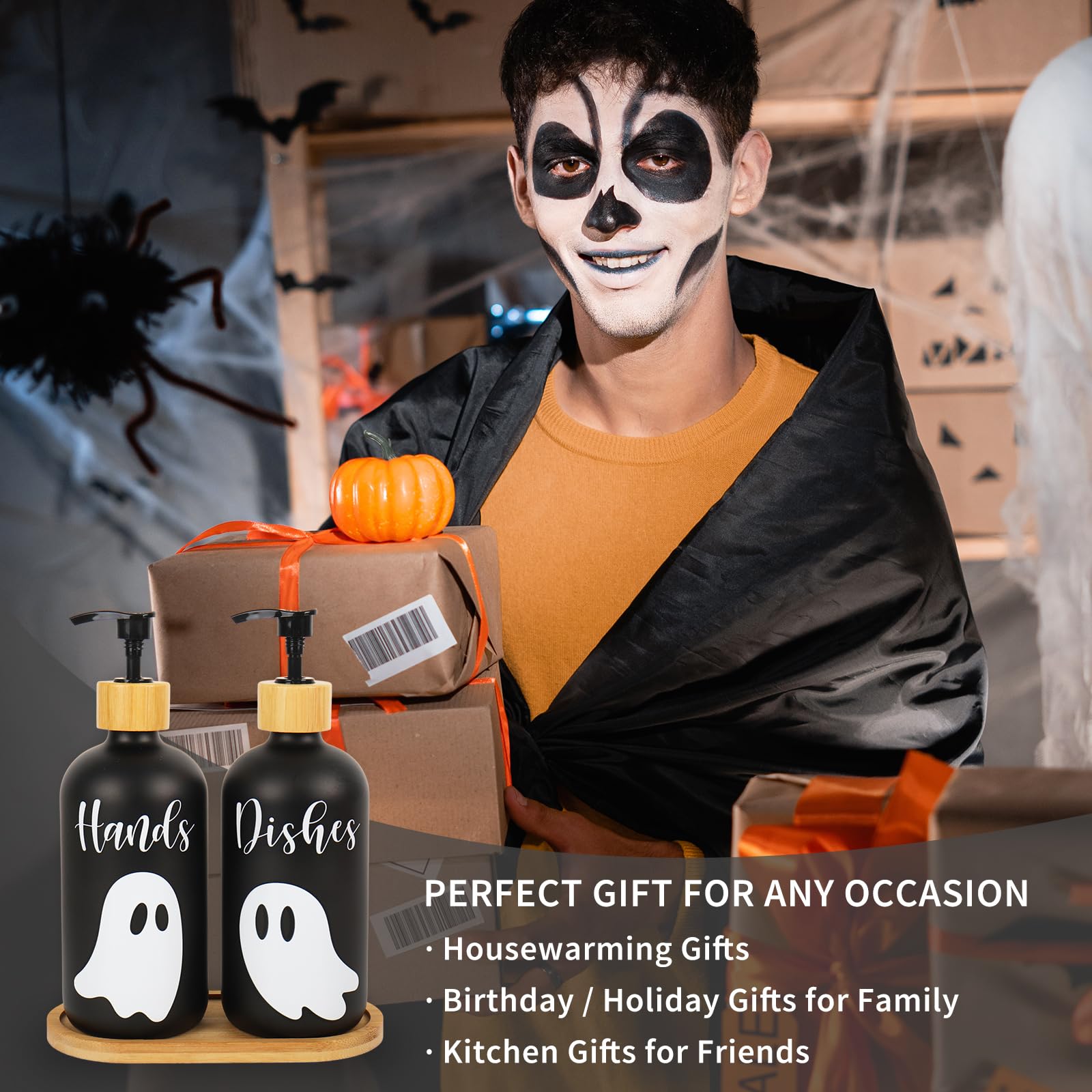 JarThenaAMCS Halloween-Seifenspender mit Pumpe, 473 ml, nachfüllbar, schwarzer Flüssigseifenbehälter für Küche, Badezimmer, 2 Stück