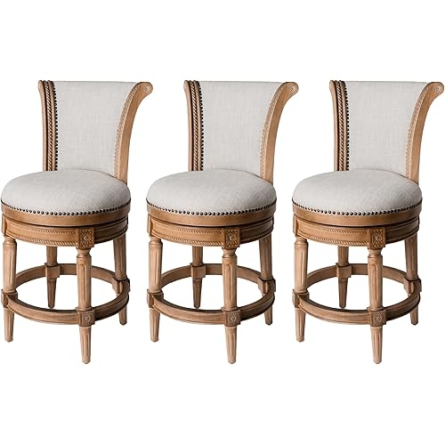 Maven Lane Pullman Counter Stool 26 Inches – Set of 3 – Swivel Stools with Footrest – Light Brown Solid Wood Frame & Natural Fabric Upholstery – Perfect for Kitchen Islands & Counters