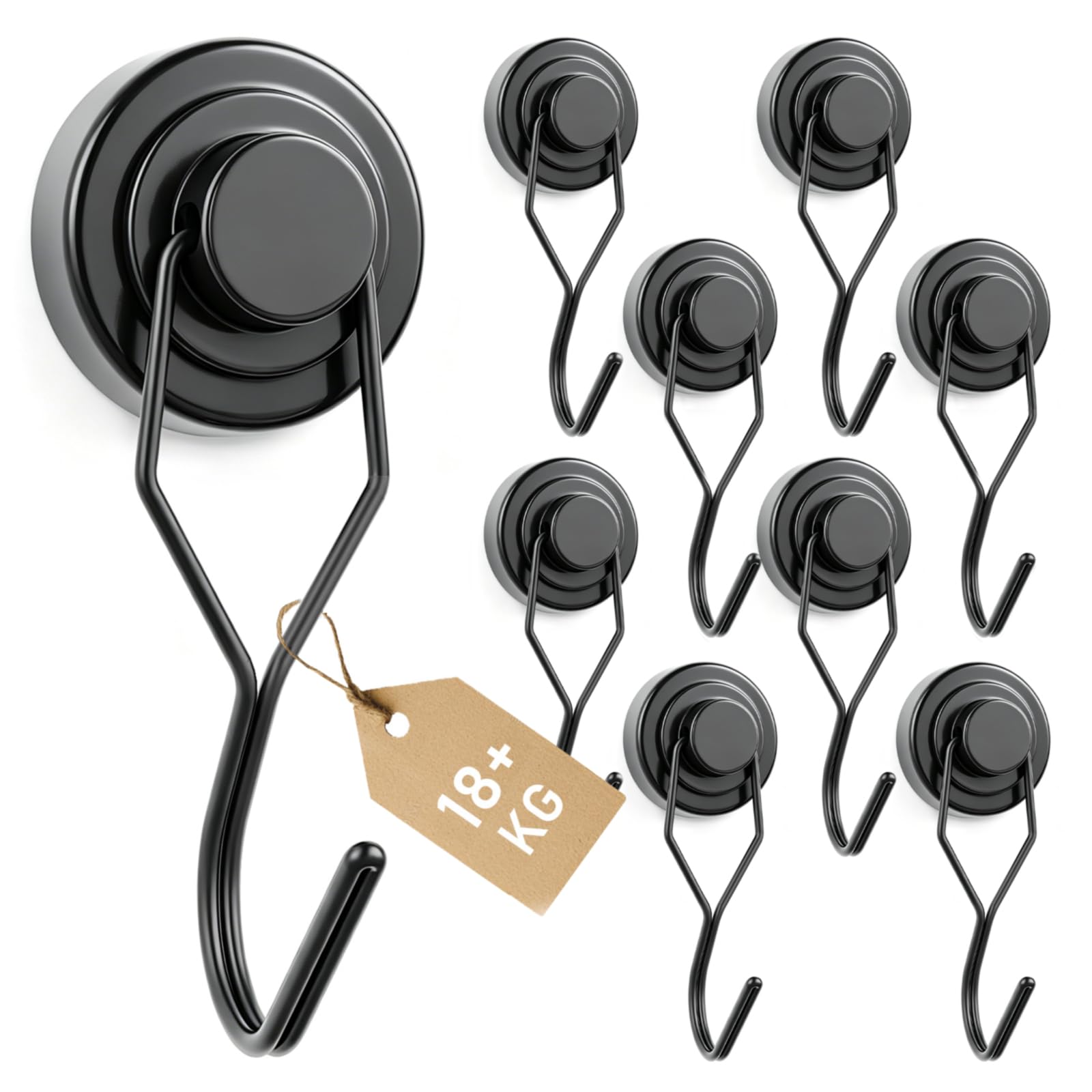 Ganci magnetici extra forti, 25 mm, 18 kg, con magneti al neodimio, per officina, garage e campeggio, ganci neri girevoli e inossidabili, 9 pezzi