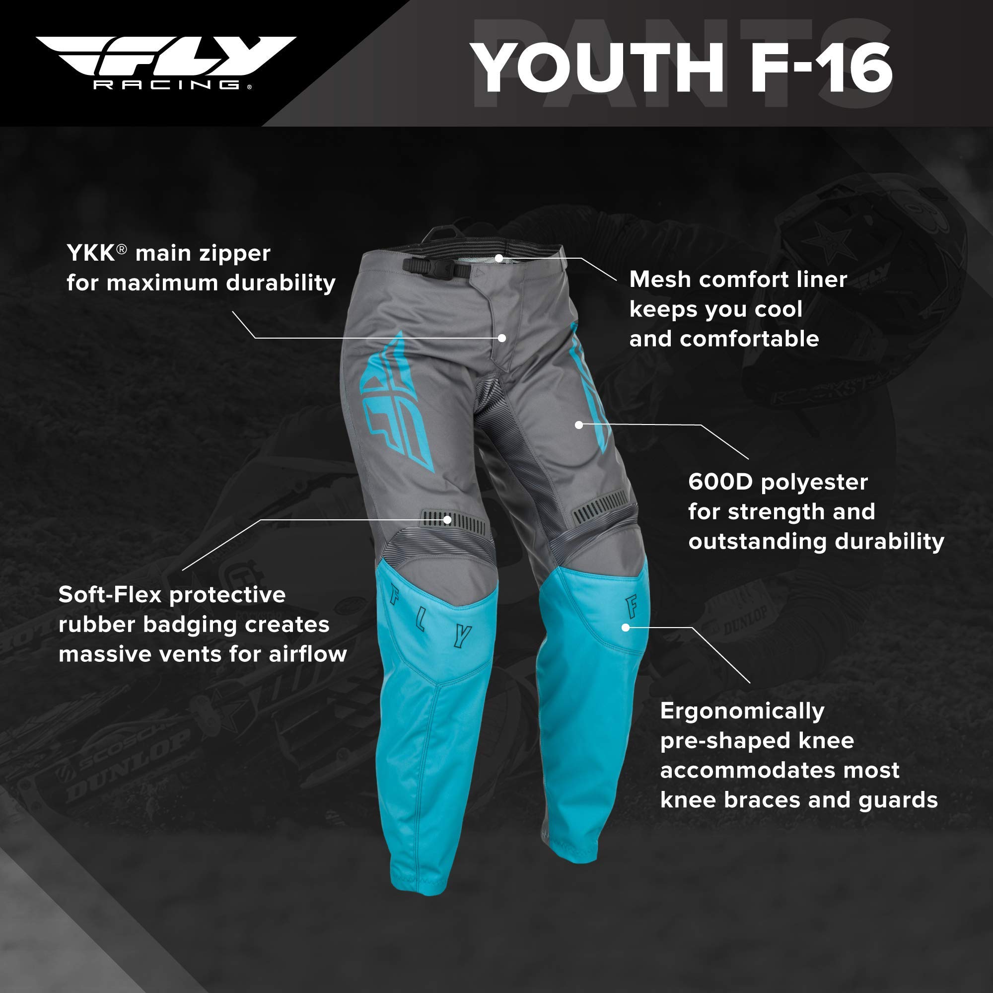 Fly Racing 2021 Youth F-16 Pants (Grey/Blue, 22)–Durable & Race-Ready