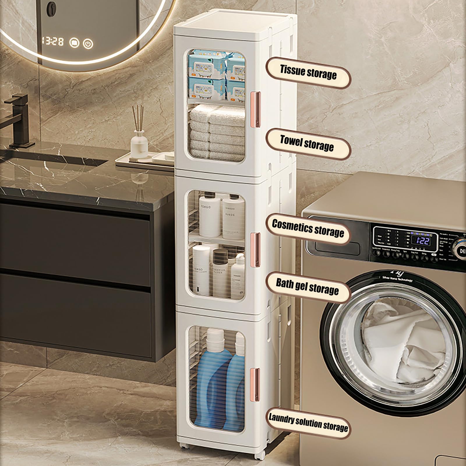 Armoire de cuisine, étroite à 3 tiroirs, étagère de salle de bain, multifonction, avec 4 roulettes individuelles, blanc, 24,5 x 28,5 x 126 cm, convient pour chambre à coucher, bureau, salle de