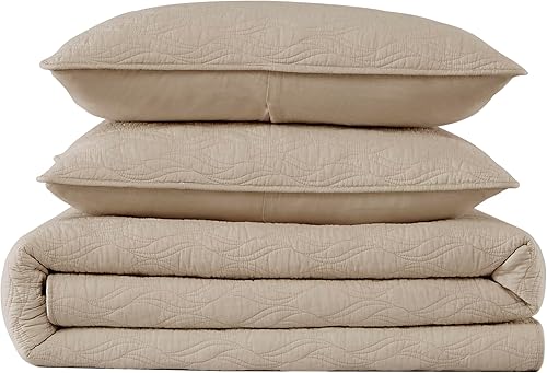 Miniatura 7 de Juego de ropa de cama de 100 % algodón beige con fundas de almohada, colcha ligera y suave de gran tamaño, funda de cama acogedora para todas las