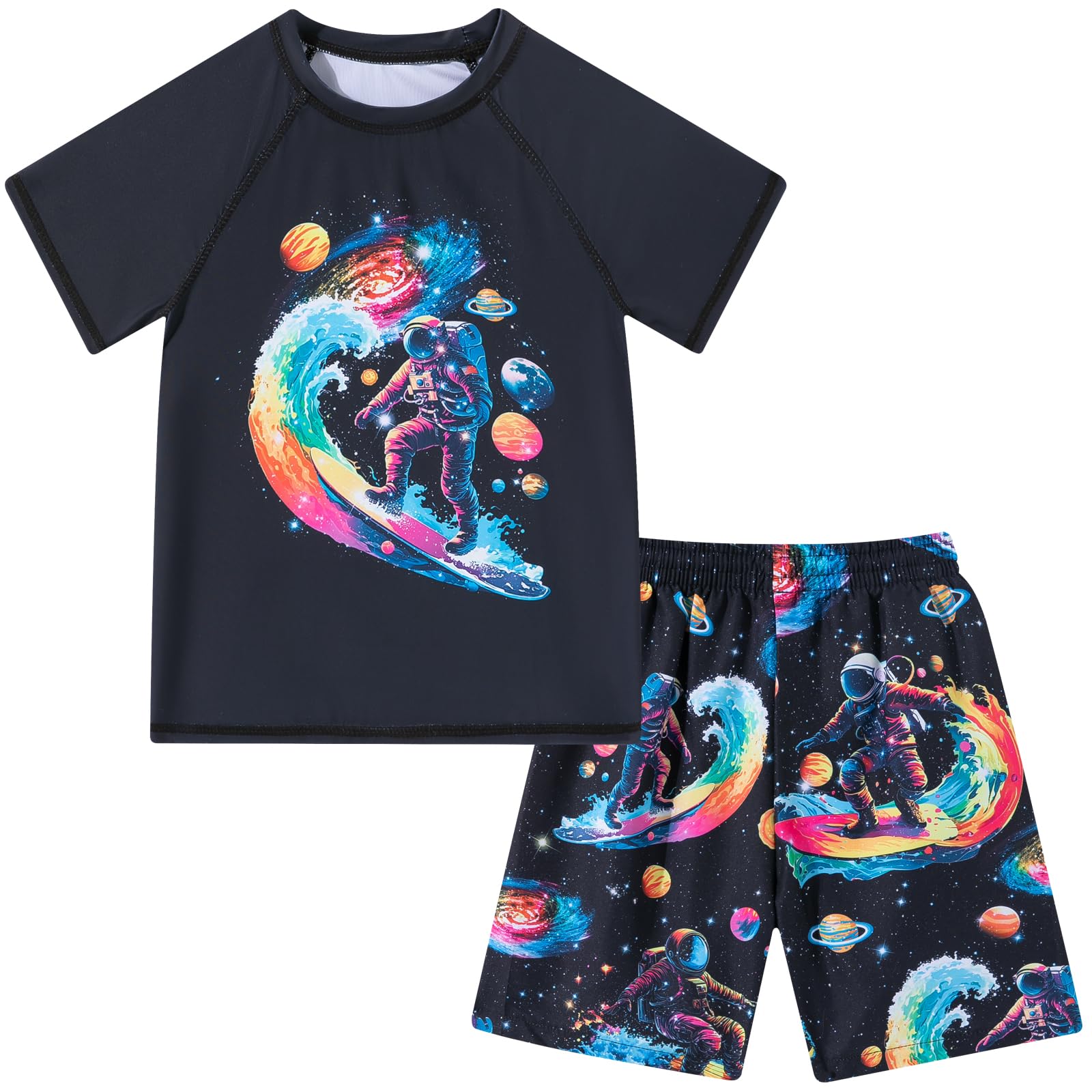 Boys Short Sleeve Rash Guard Swimsuit Set with Swim Trunks for 4-12 Years