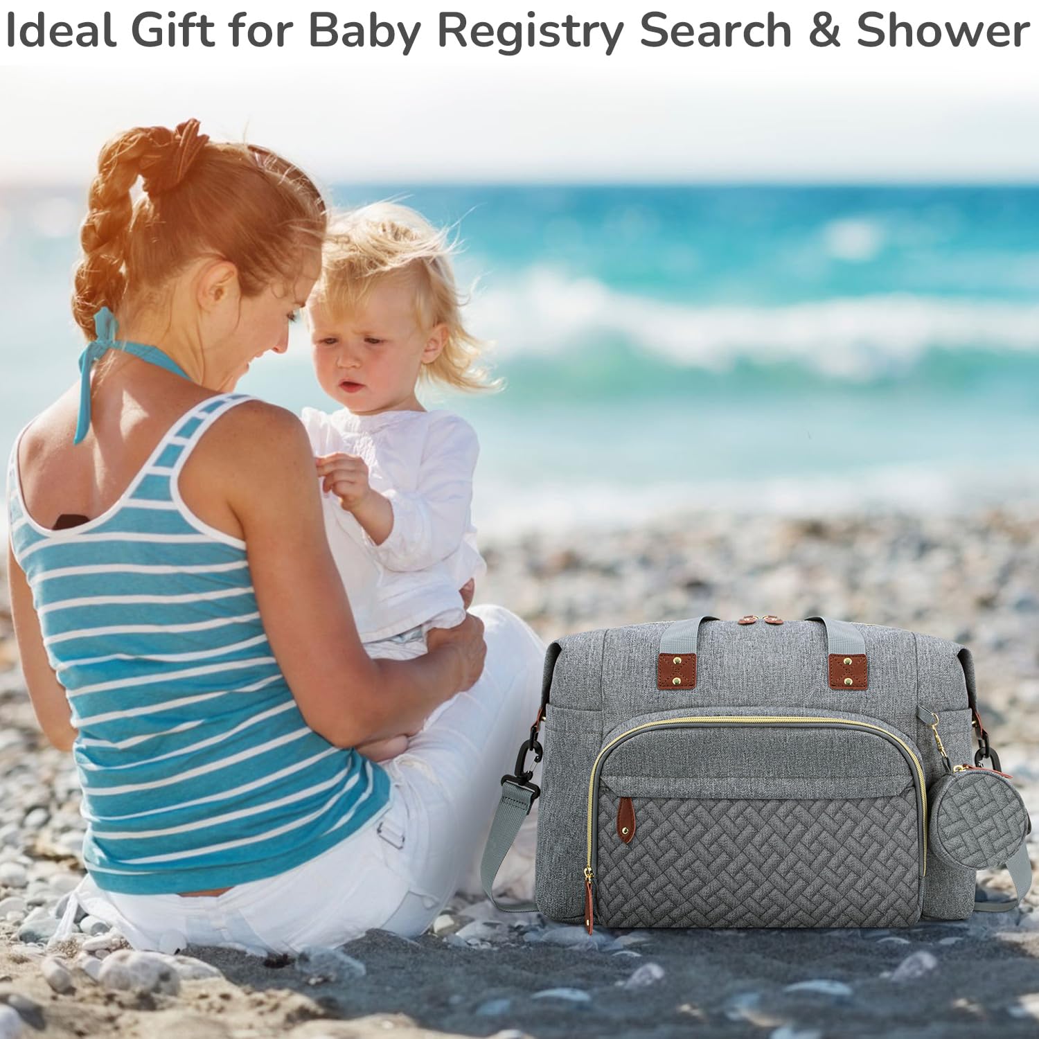 Diaper Bag Tote with Pacifier Case, Baby Bag for Women with Shoulder Straps, Travel Diaper Tote for for Mom and Dad Grey - Image 3