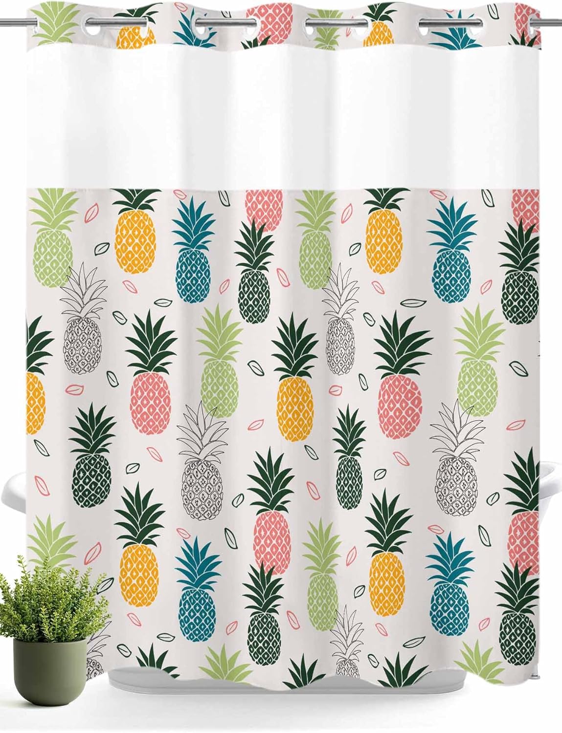 Prime Leader Pink Green Blue Pineapple No Hook Shower Curtain with Snap in Liner Colorful Tropical Fruit Leaf Shower Curtain for Bathroom, Fabric Waterproof Inner Liner with Mesh Top Window, 72x72
