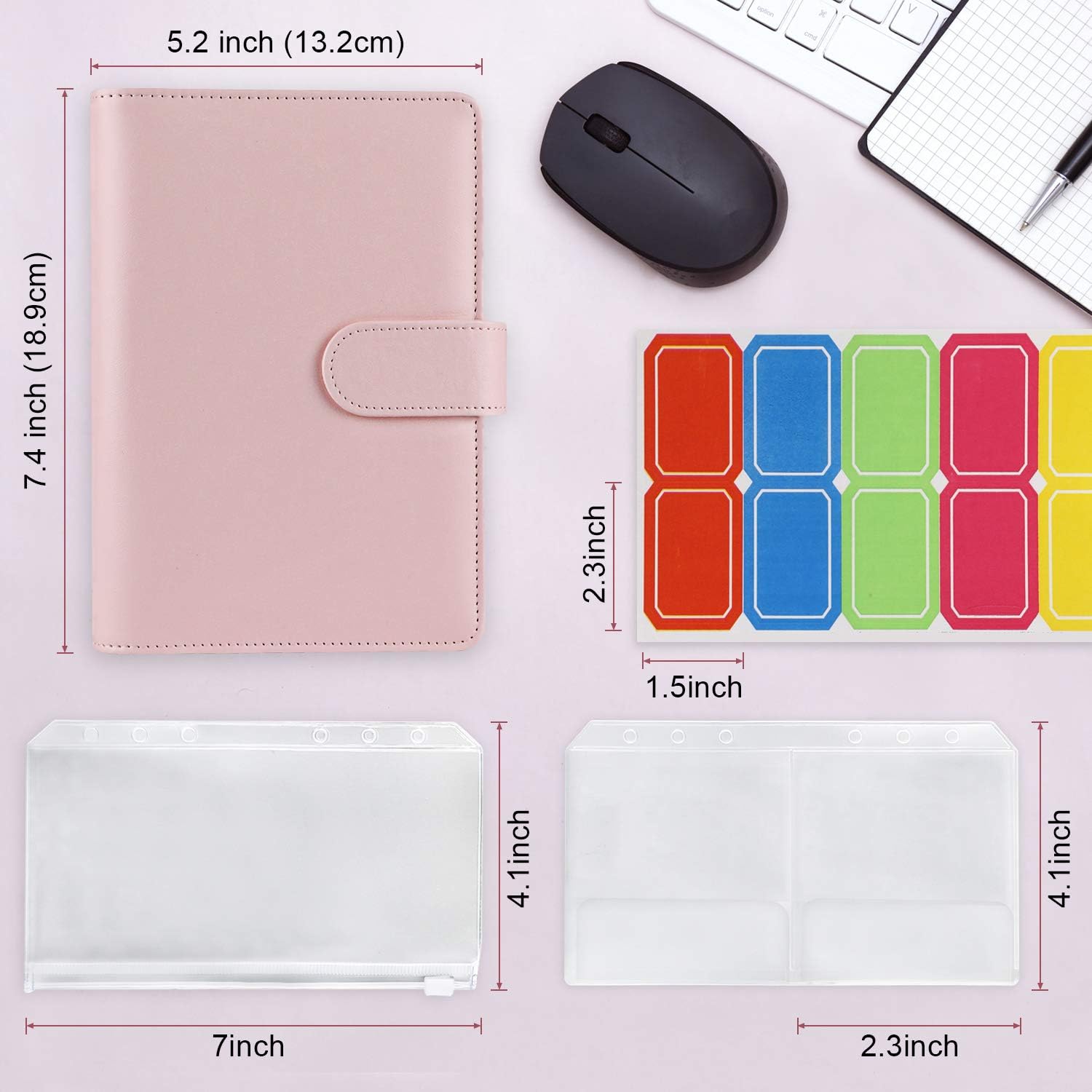 14Pcs Binder Pockets A6 with Leather Binder Cover, 6-Ring Budget Binder with Cash Envelopes, Money Saving Binder (Pink)