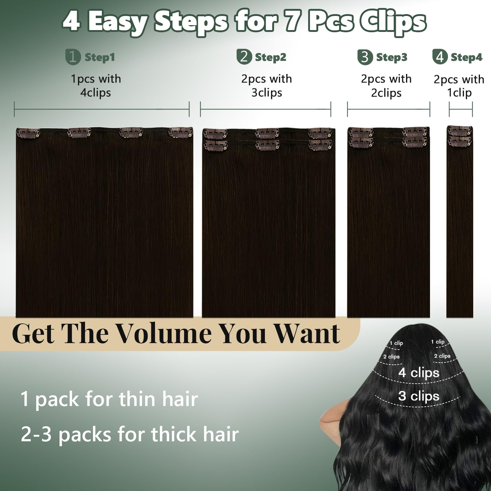 Ugeat Przedłużanie Włosów Clip in, Włosy Ludzkie, Czekoladowy Brąz, 55 cm 7 sztuk 120g, Włosy Clip in Extensions Ciemny Brąz, Remy Naturalne Proste