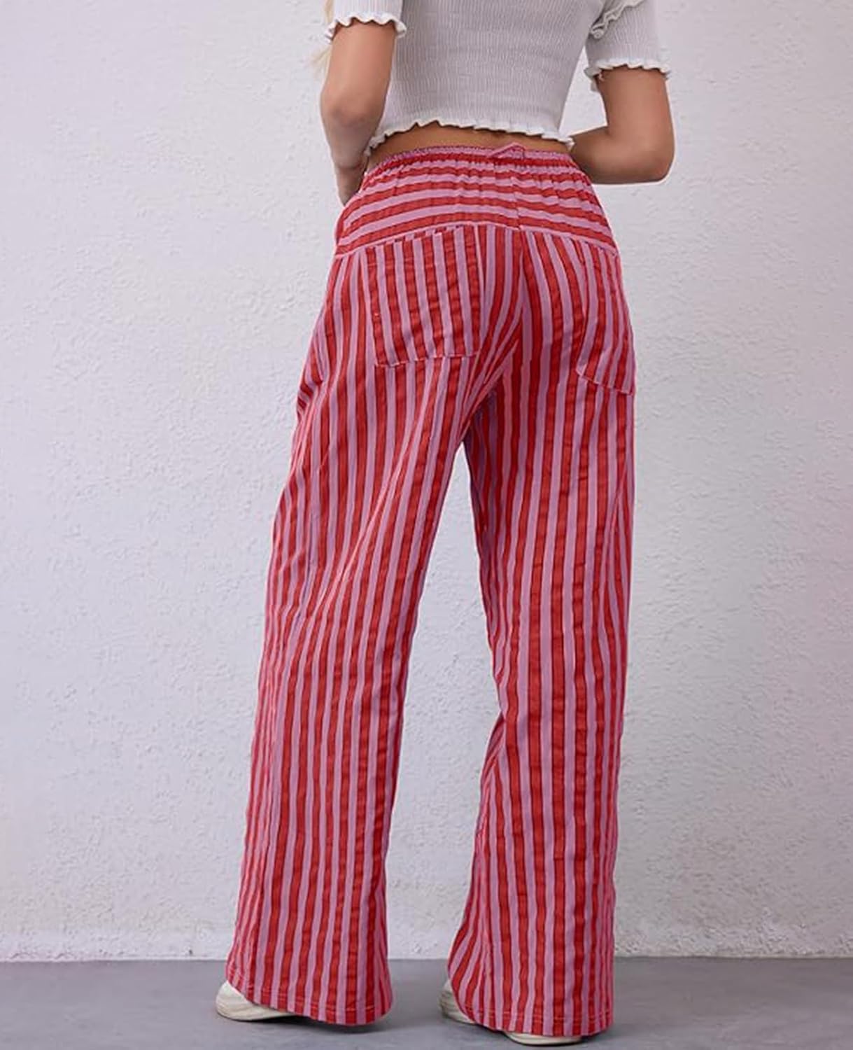 WOWULOVELY Women Casual Striped Drawstring Pants Wide Leg Pants with Pockets Elastic Trousers Loose Lounge Pajama(Red-XL) - Image 3