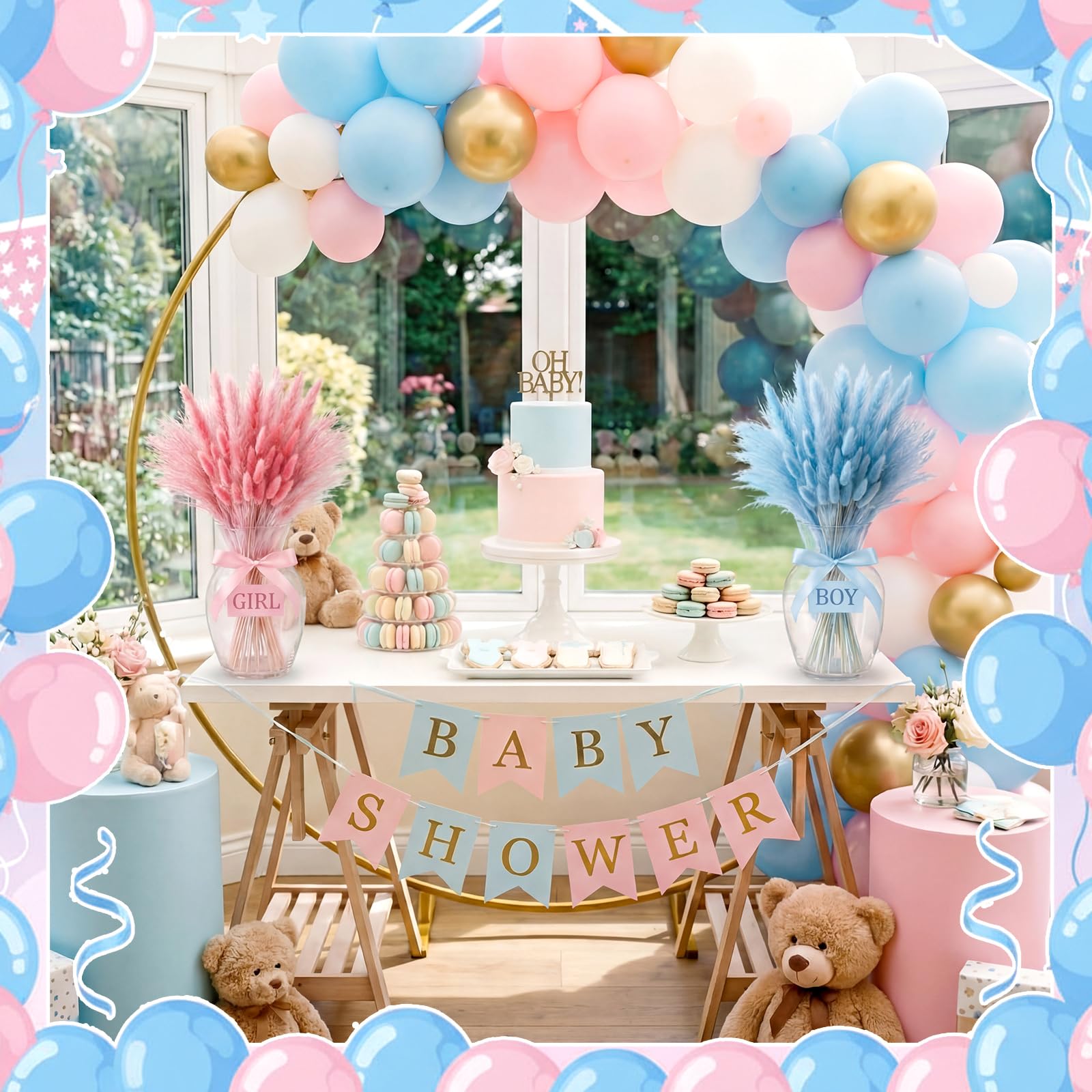 Hoteam Lot de 105 décorations de révélation du sexe rose bleu herbe de la pampa garçon ou fille | Décoration de fête prénatale « He or She » bohème - Herbe de la pampa - Fleurs séchées pour centres de table ou vase