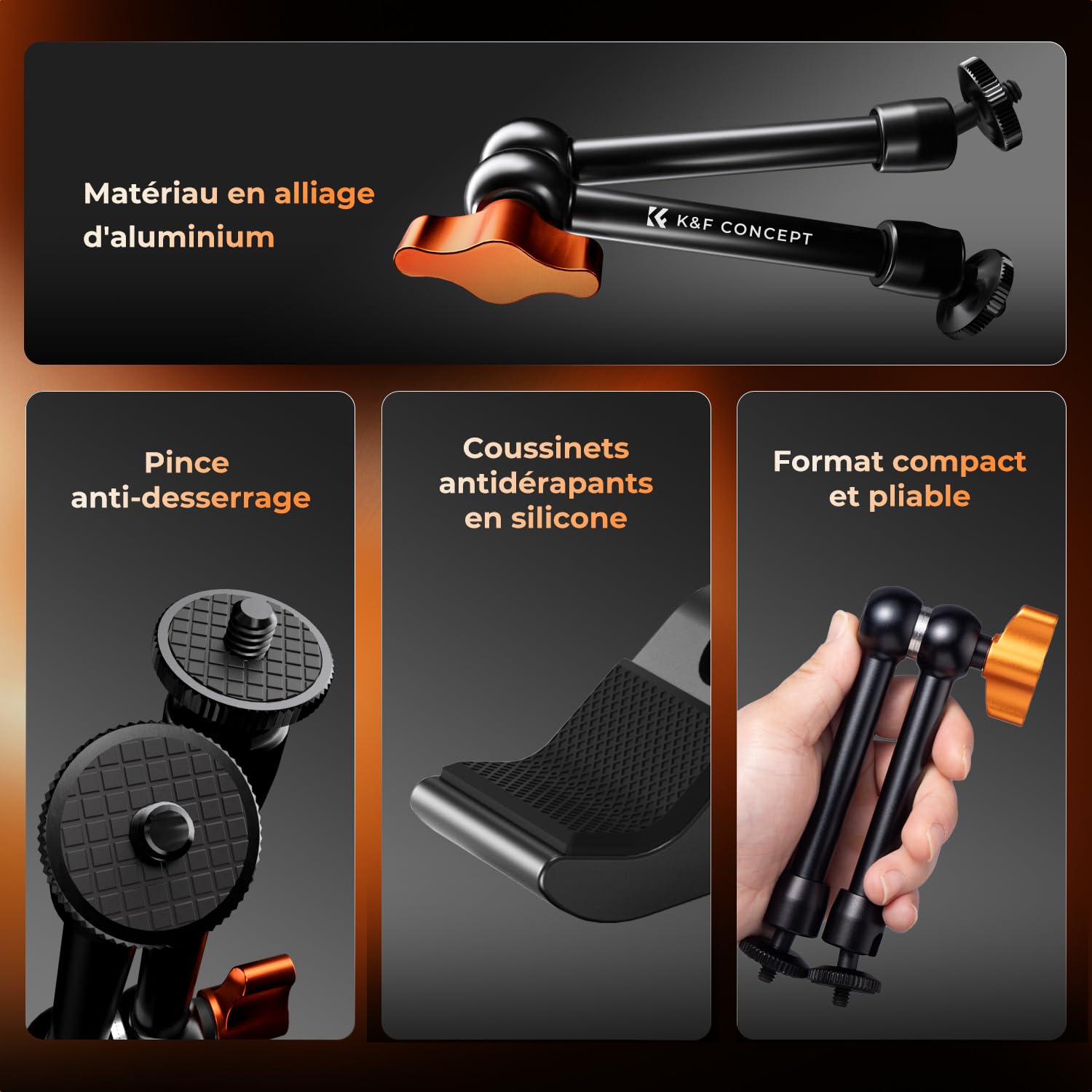 K&F CONCEPT Bras Magique 9.8 Pouce avec Pince Super Clamp et Vis 1/4'' 3/8", Support Articulé Réglable pour Moniteur, Appareil Photo, Lumière LED, Microphone, Trépied Vidéo