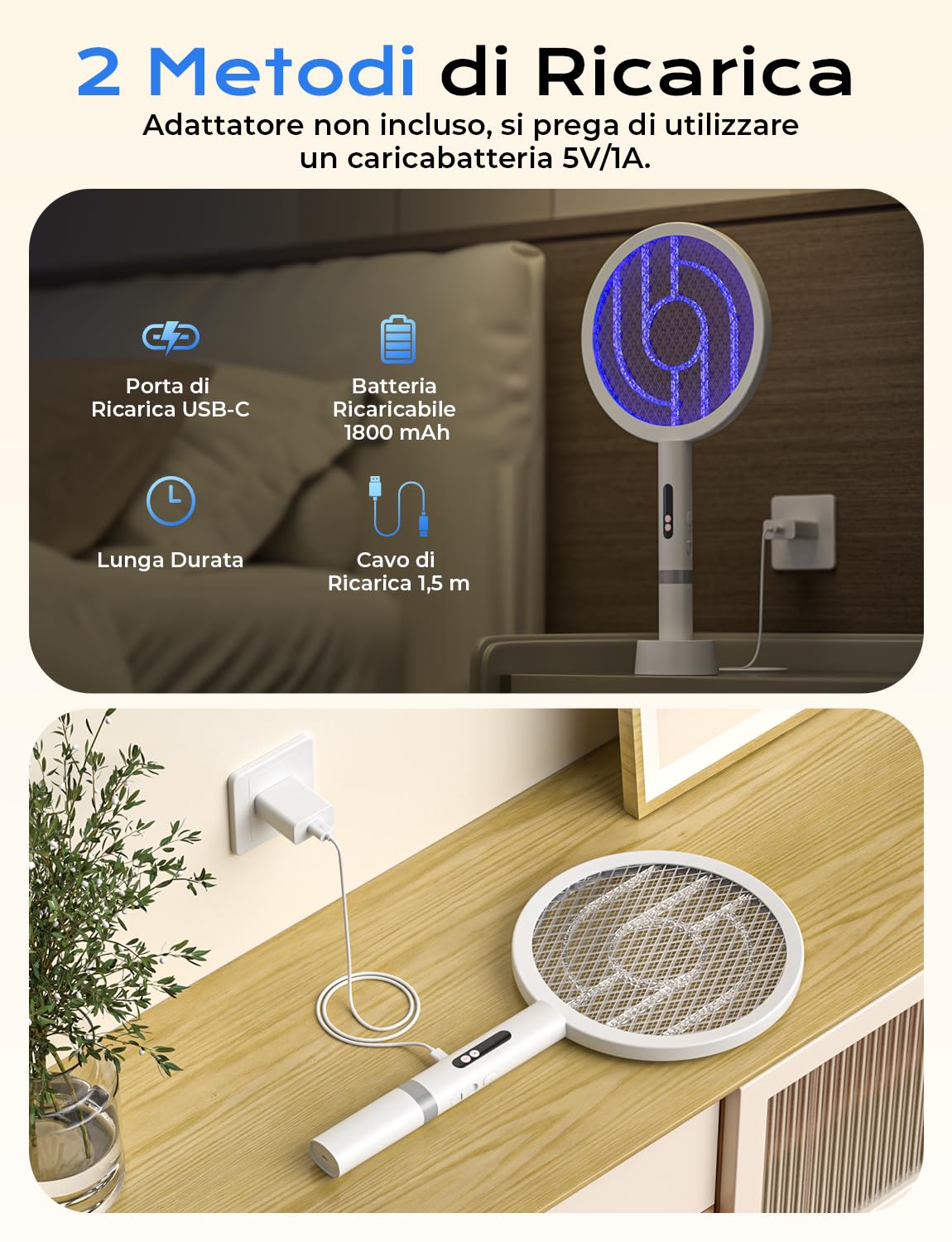 YISSVIC Racchetta Zanzare Elettrica, Racchetta Anti Insetti, 1800mah, Paletta Potente 4000V, Base Ricaricabile, Ricarica USB-C Contro Zanzare, Falene Volanti, Bianco