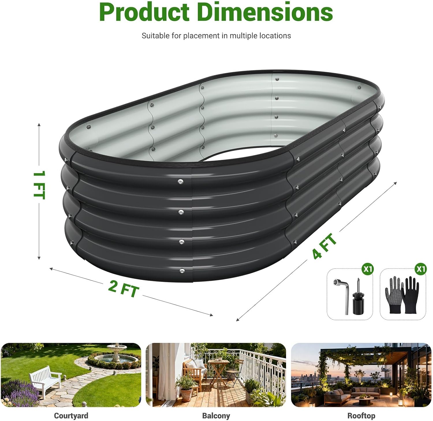 4X2X1 FT Oval Raised Garden Bed, Metal Planter Box for Outdoor Gardening, Easy Assembly Raised Bed for Vegetables, Fruits, Flowers(Dark Gray 2PCS)