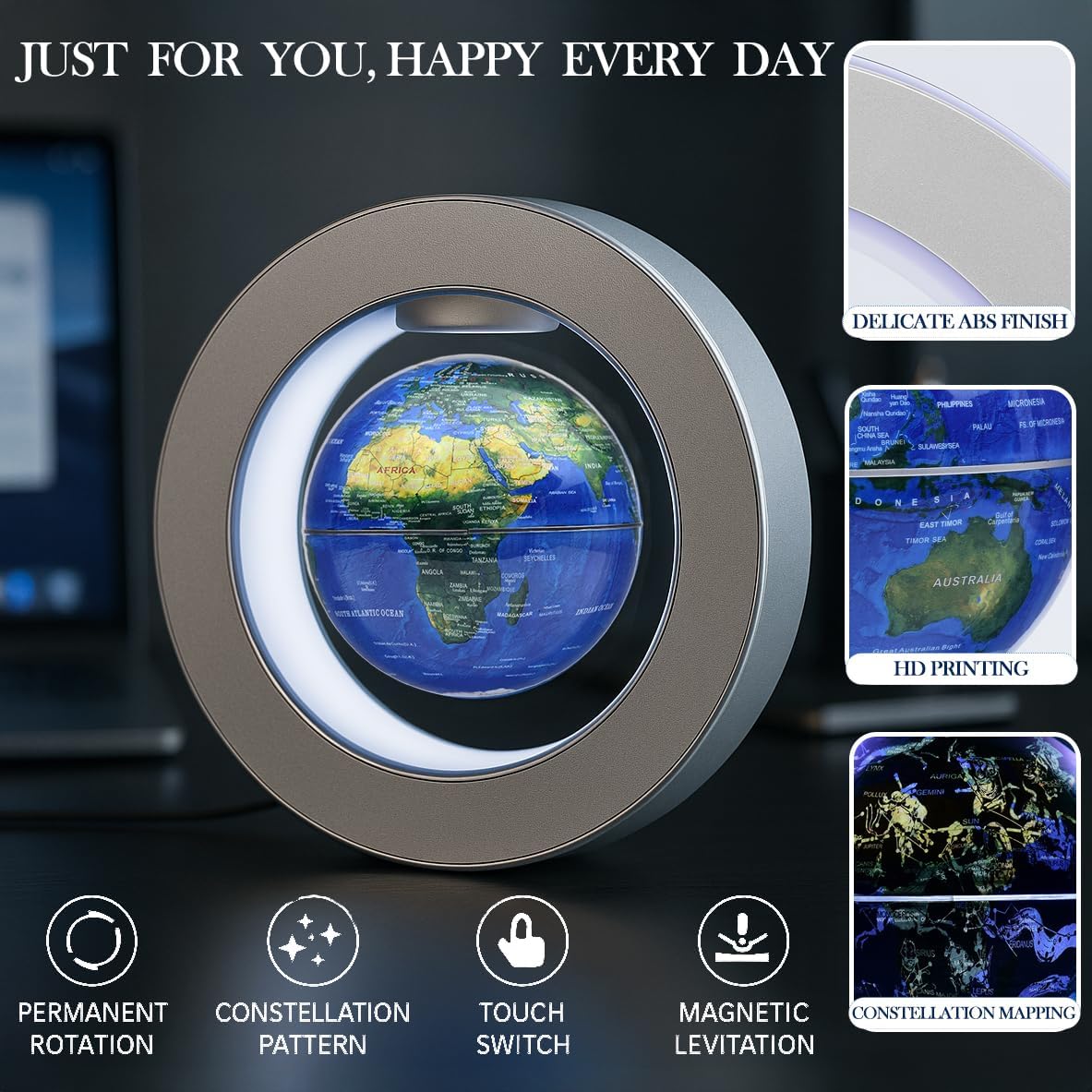 Magnetic Levitation Floating Globe 4" Constellation Geography LED Lights Rotating for Kids,Cool Office Desk Unique Men Gift Ideas or Birthday Tech Present Gadgets for Teenage Boys
