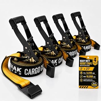 4 Pack Heavy Duty 2" x 27 Ratchet Tie Down Straps with Flat Hooks - 10,000 LBS Break Strength for Truck & Trailer Cargo Control KODIAK STRAPS