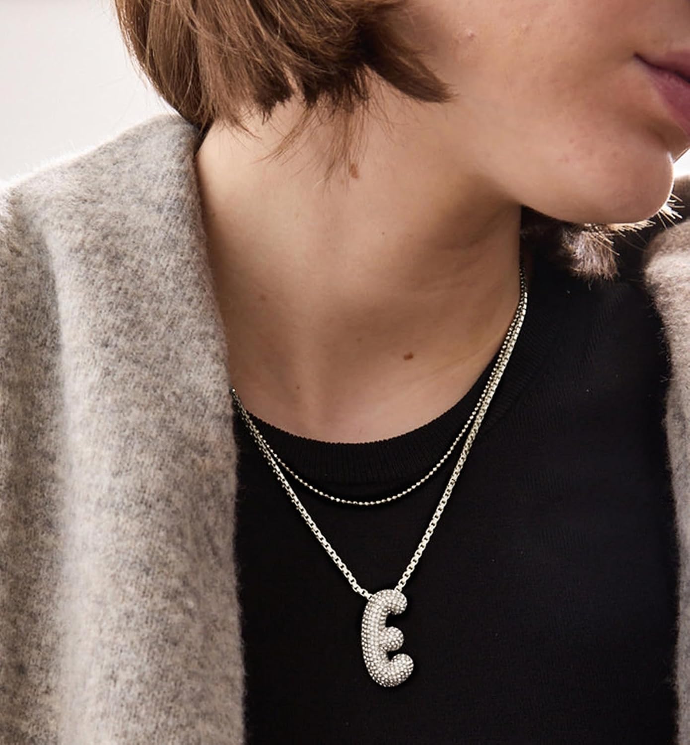 Bubble Letter Necklace, 14k Gold/Silver Balloon Initial Diamond Pendant Chain Necklace Dainty Pave Jewelry Gift for Women - Image 4