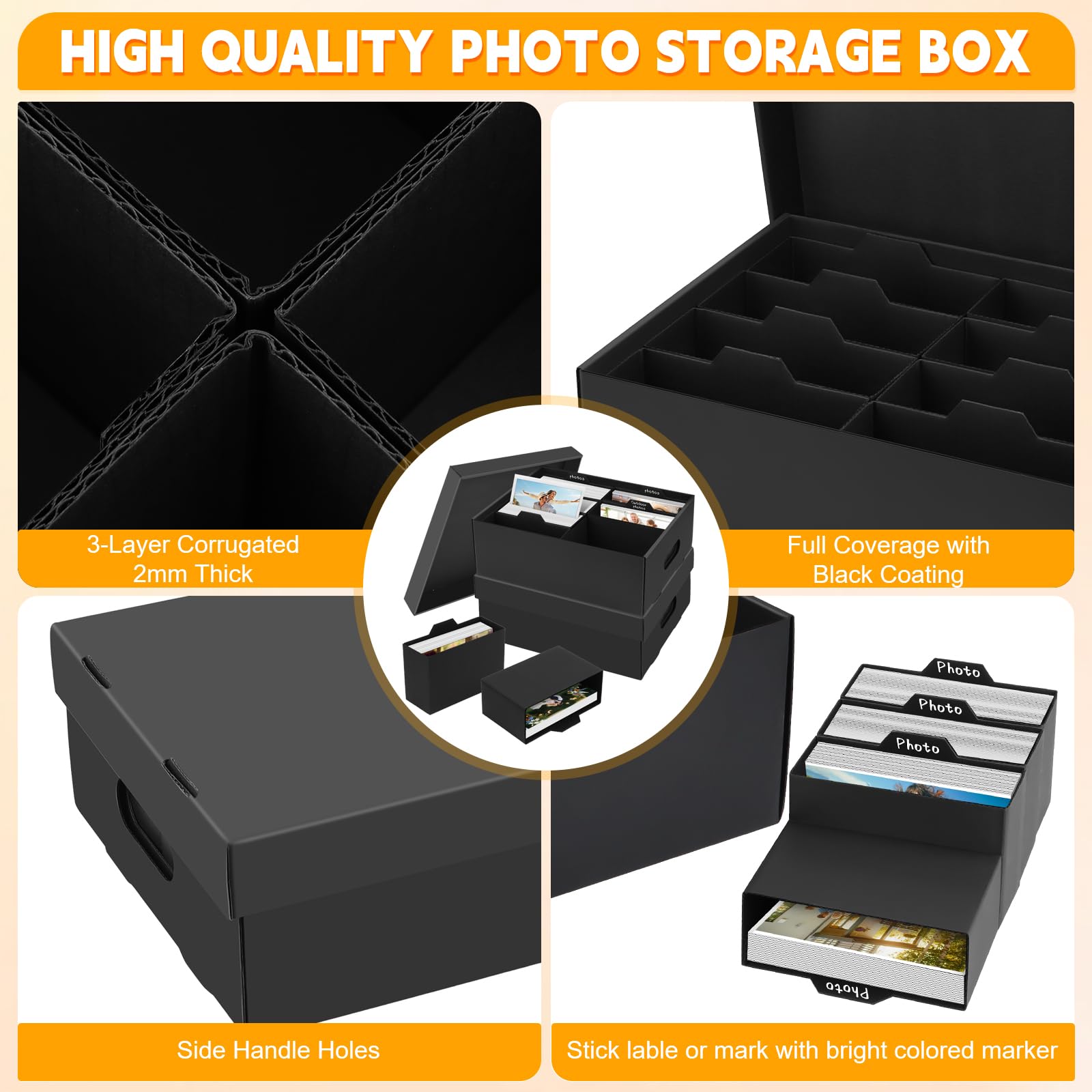 Lot de 2 Boîtes de Rangement pour Photos de 13 x 18 cm - 8 Boîtes Intérieures - Album photo - Organiseur de Photos en Carton avec Couvercle pour Artisanat, Photos, Scrapbooking- Noir