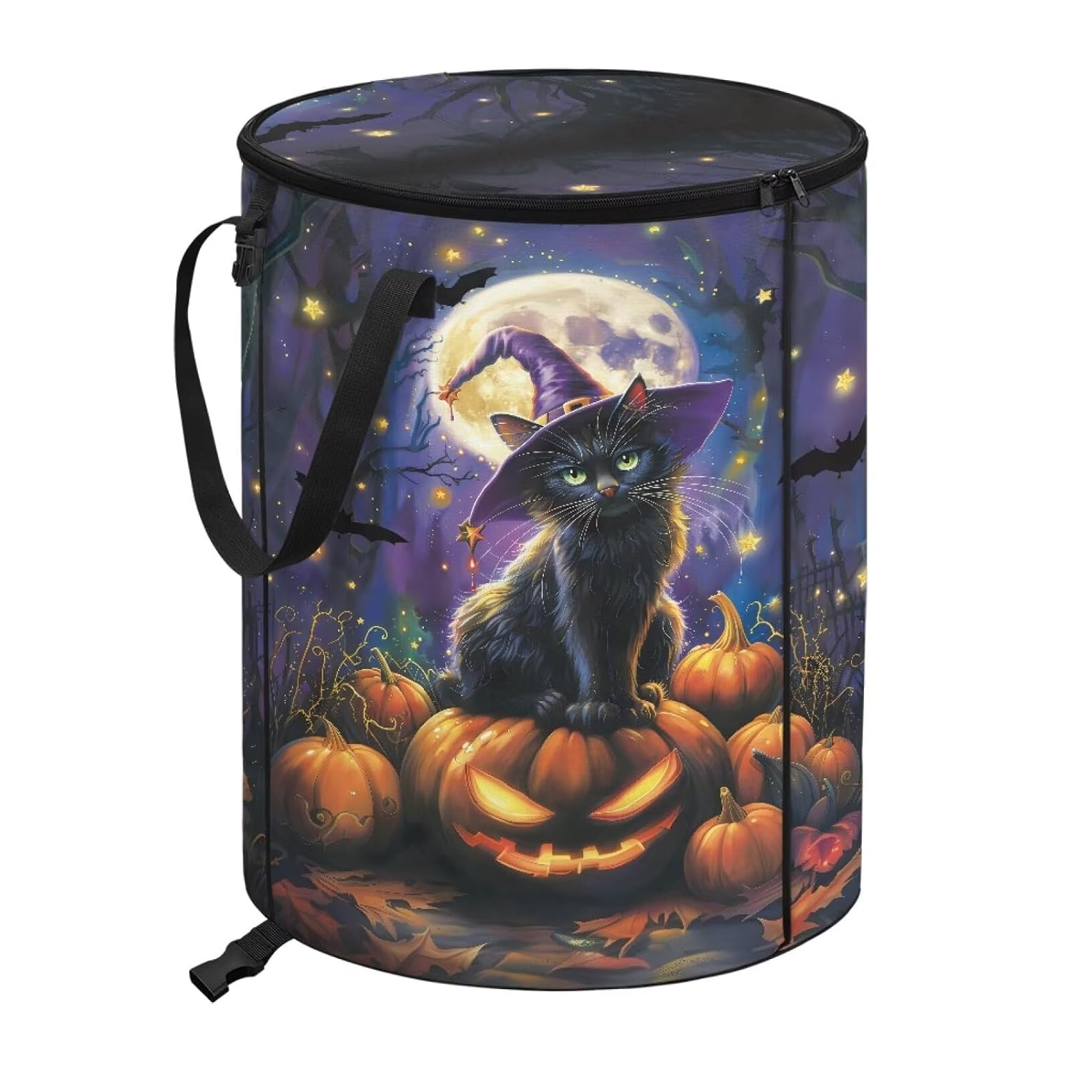 doginthehole Wizard Cat Pumpkin Moon Garbage Cans Collapsible Pop Up Camper Trash Can Waterproof Storage Bag Trash Bin for Outdoor Camping Yard Home Halloween Decorations