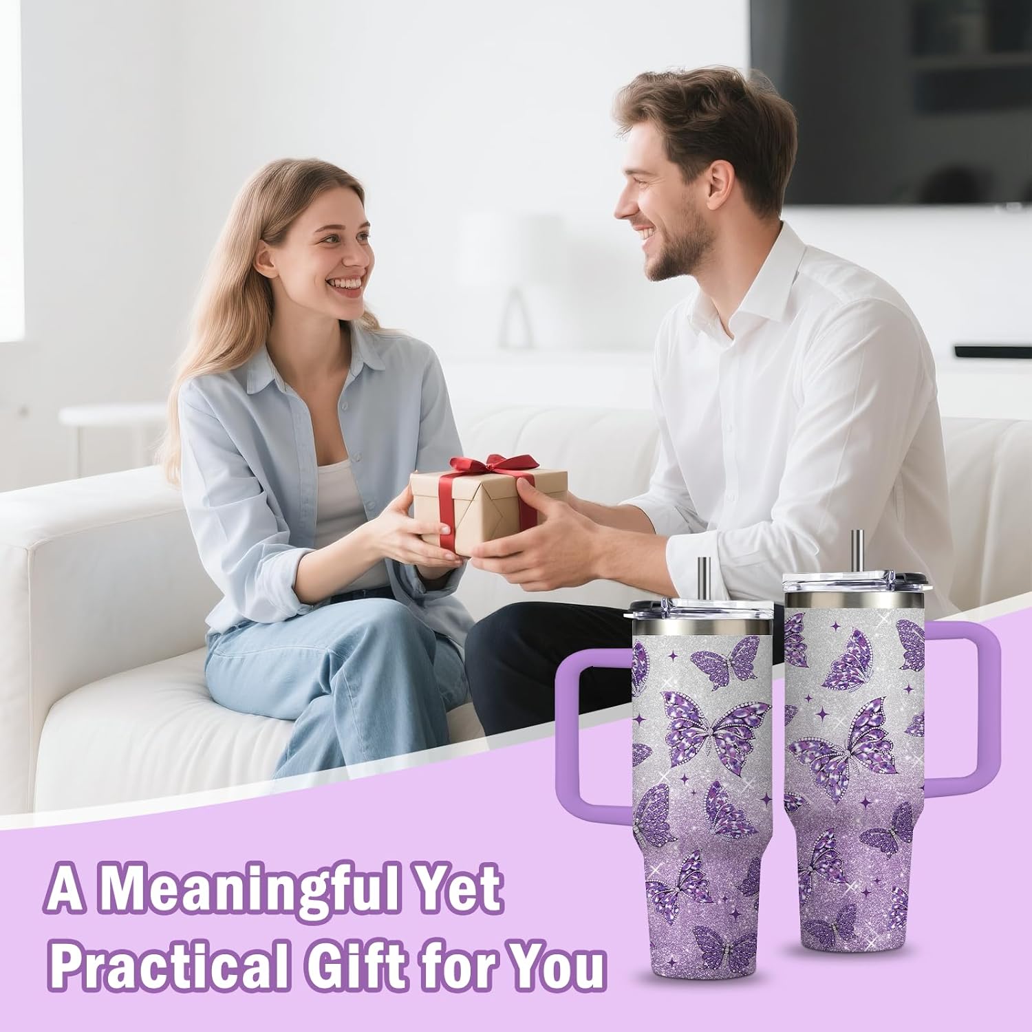 Butterfly Gifts for Women 30oz Purple Butterfly Tumbler with Handle and Straws Stainless Steel Insulated Travel Coffee Mugs, Leak-Proof, Birthday Christmas Gifts for butterflies Lover Water Cup - Image 9