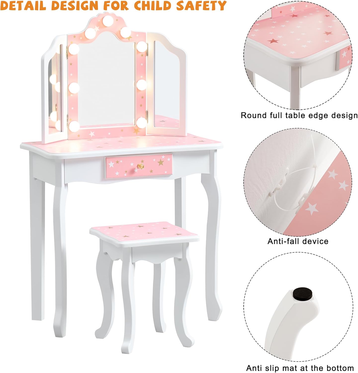 Kids Vanity Set, Princess Toddler Makeup Vanity with Mirror and 3-Color LED Lighted, Wooden Kids Vanity Table and Chair Set with Drawer for Little Girls