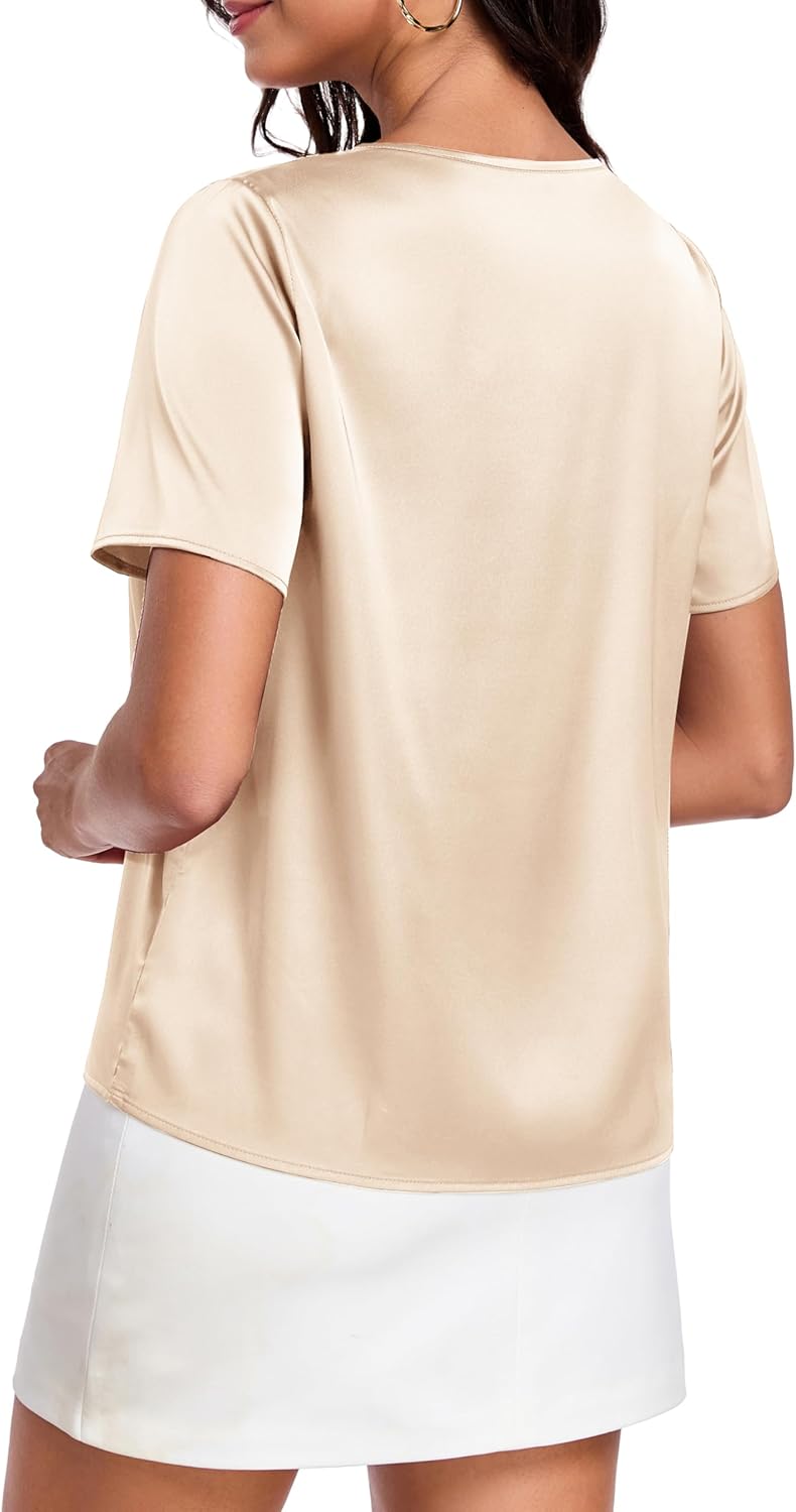 Wantschun Womens Silk Satin Shirt Casual Short Sleeve Blouse Basic Round Neck Pleated Work Tops - Image 7