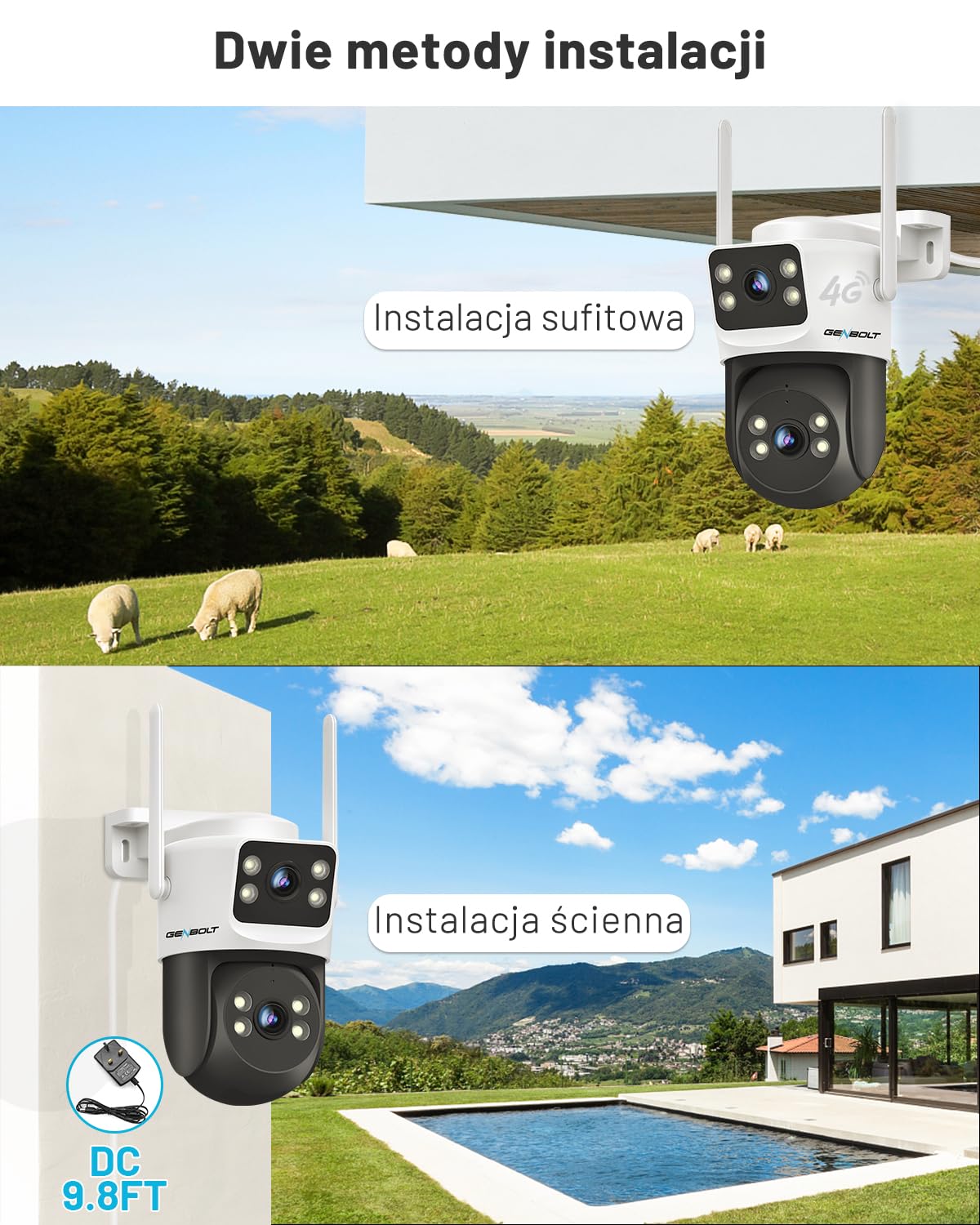 GENBOLT 4G LTE Zewnętrzna Kamera bez WiFi, Dwuobiektywowa Komórkowa Kamera Bezpieczeństwa CCTV z Kartą SIM, Nagrywanie 24/7 IP Kamera Monitorująca PoE ze śledzenie Humanoidów Dwuobiektywowa