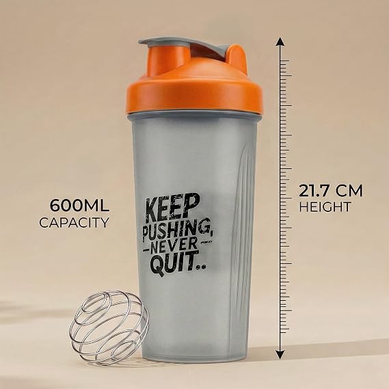 Protein Shaker Bottle 600ml, Leakproof with Stainless Steel Wire Mixing Ball, BPA-Free, Dishwasher Safe Gym Shaker for Protein Shakes, Smoothies, Pre-Workout & Supplements (Black & Orange)