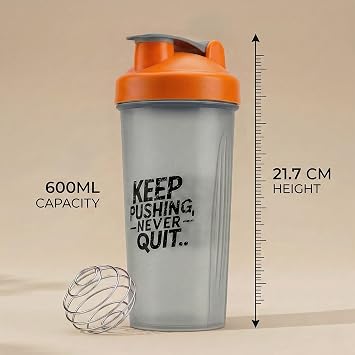 Protein Shaker Bottle 600ml, Leakproof with Stainless Steel Wire Mixing Ball, BPA-Free, Dishwasher Safe Gym Shaker for Protein Shakes, Smoothies, Pre-Workout & Supplements (Black & Orange)