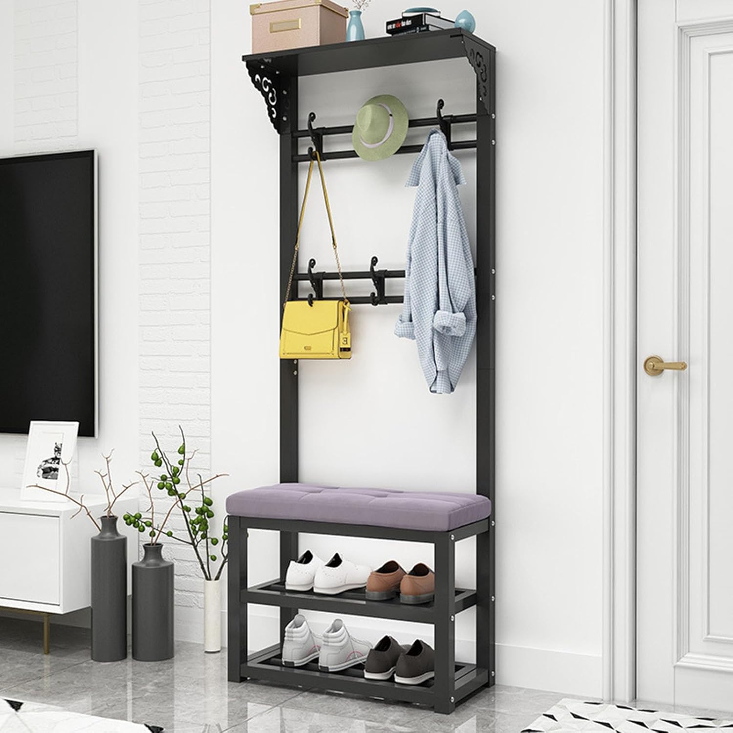 3-in-1 Entryway Coat Rack Hall Tree with Shoe Bench Bench Free Standing Clothes Hat Rack with Metal Frame Entryway Storage Shelf Organizer for Hallway Entryway Living Room (Black+gray 60CM)