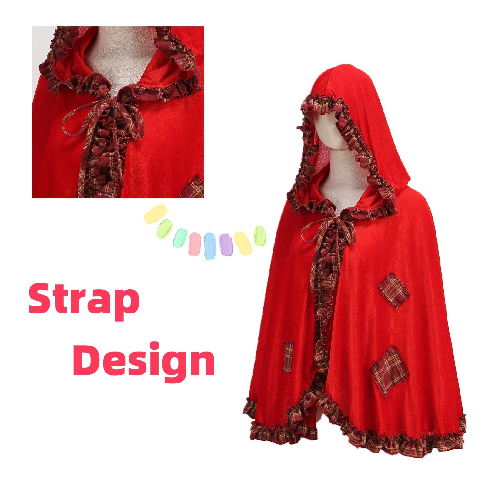 maxToonrain Red Riding Hood Cape Hooded Red Cape Cloak Adult Velvet Little Riding Hood Costumes Fairytale Character Halloween World Book Day Outfit for Women (Plaid Ruffled Trim,65cm) - Image 4