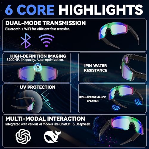 Vista 2 de Lentes inteligentes AI 2026 con cámara 4K, lentes para correr de video con control de voz y reconocimiento de objetos, gafas de sol con llamada