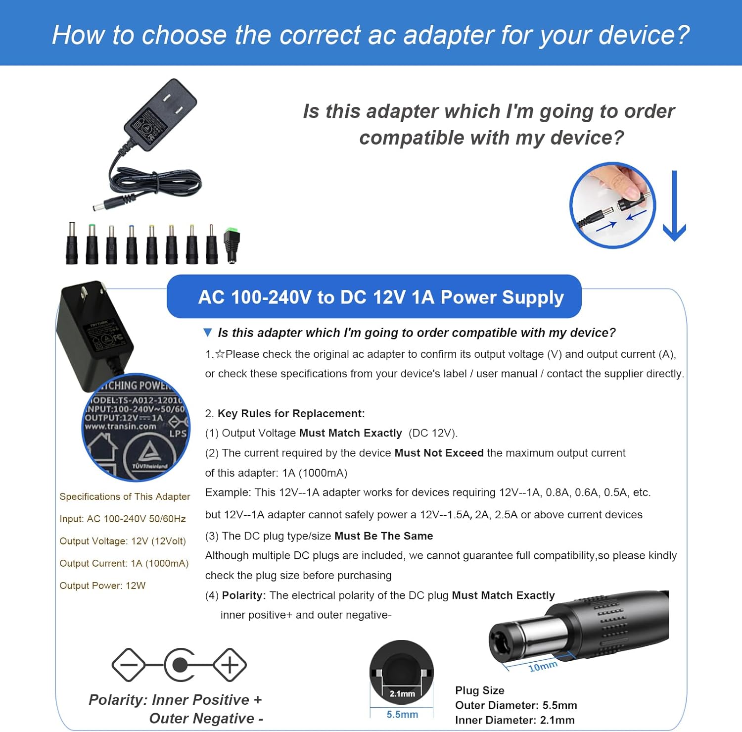 12V 1A 0.8A 0.5A 5FT Power Supply Adapter 12W AC DC Adapter with 5.5 x 2.1mm Plug and 9 Interchangeable Jacks Plug for LED Strip Light BT Speaker GPS Webcam Router etc, 5 Pack