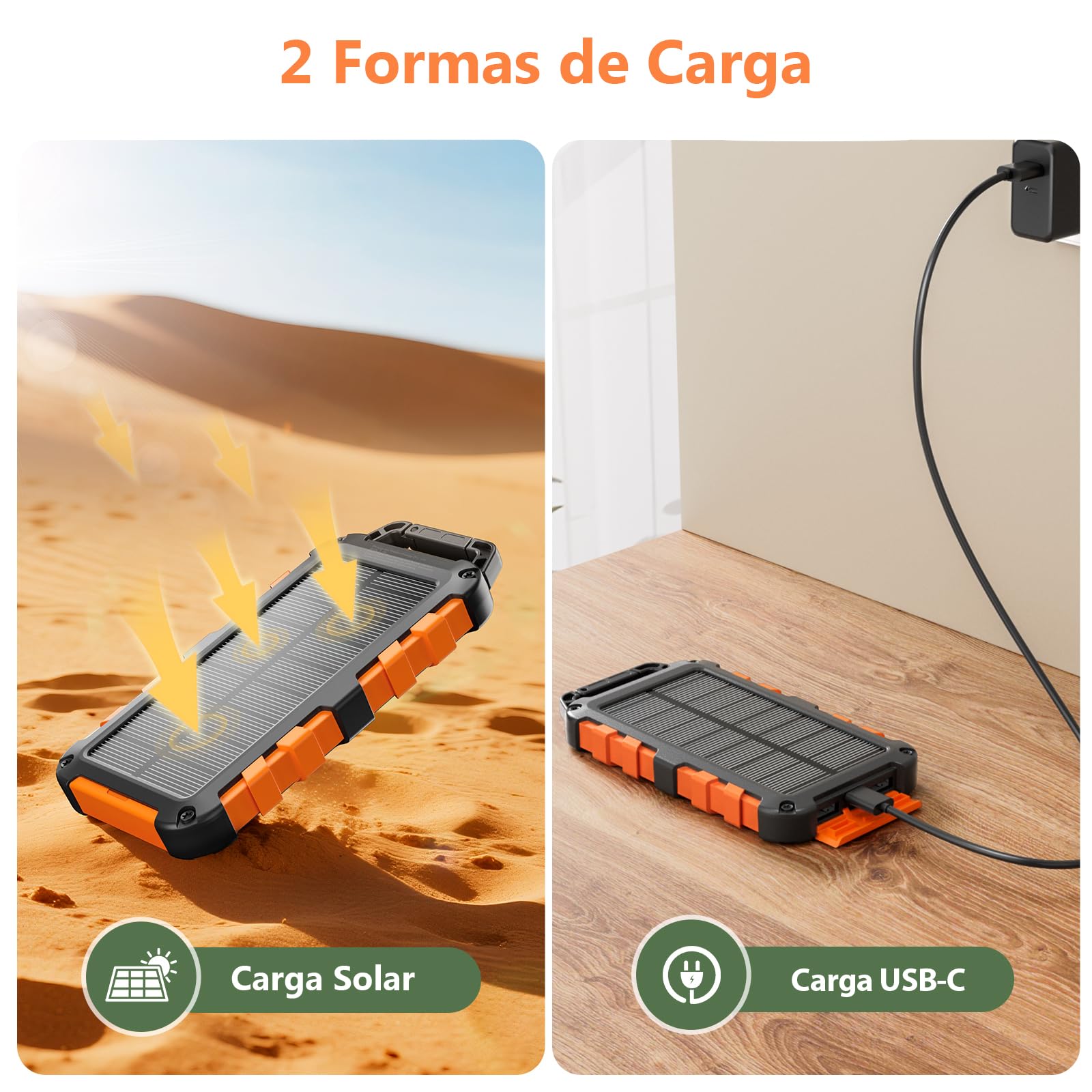 Cargador Solar 10000mAh, Power Bank Solar Batería Externa Portátil PD22.5W USB C Carga Rápida Impermeable 3 Salidas y 2 Entradas con Linterna LED para Moviles Tabletas Etc.