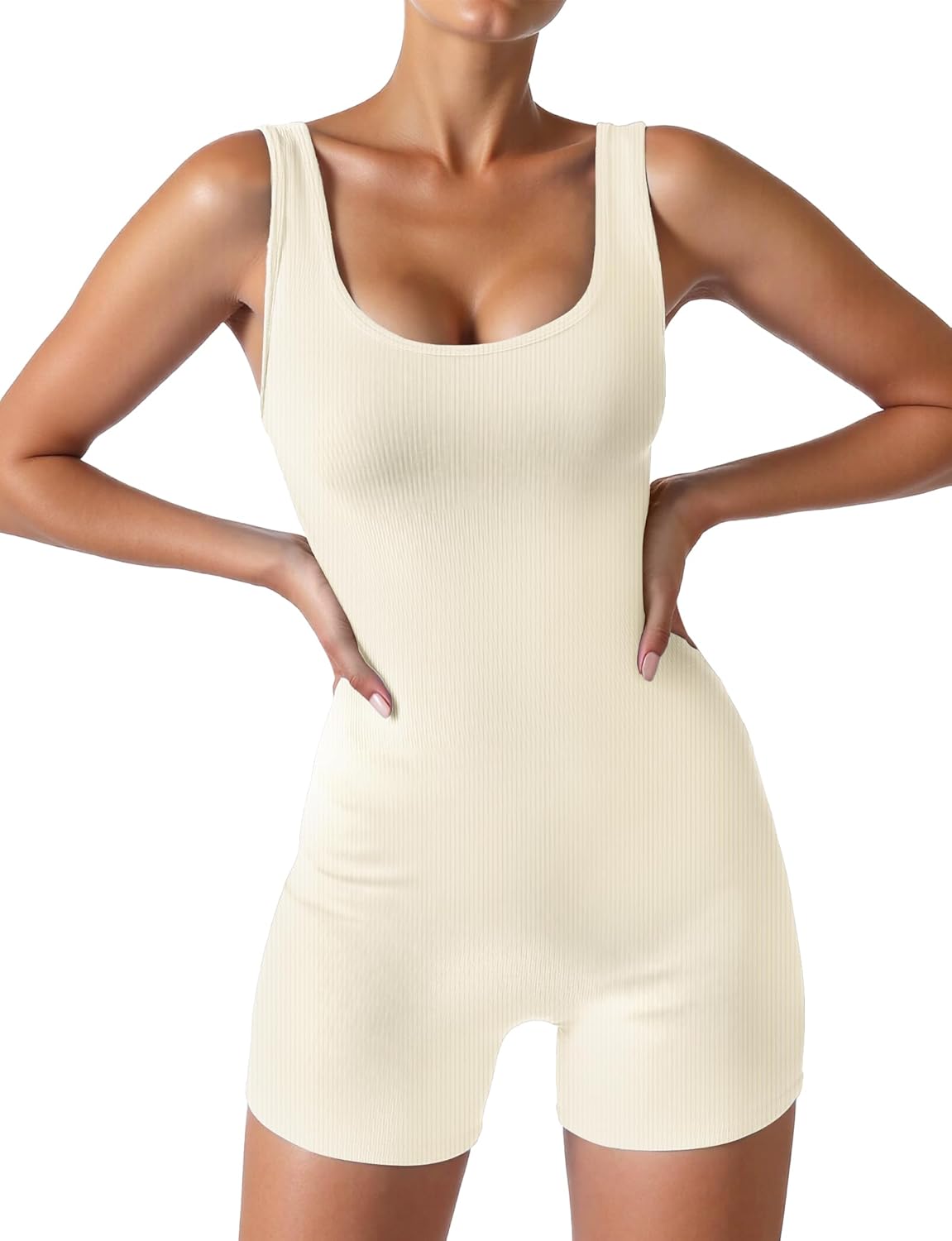 AURUZA Workout Romper For Women, Yoga Ribbed One Piece Sleeveless Exercise Tummy Control Square Neck Leggings jumpsuits - Image 5