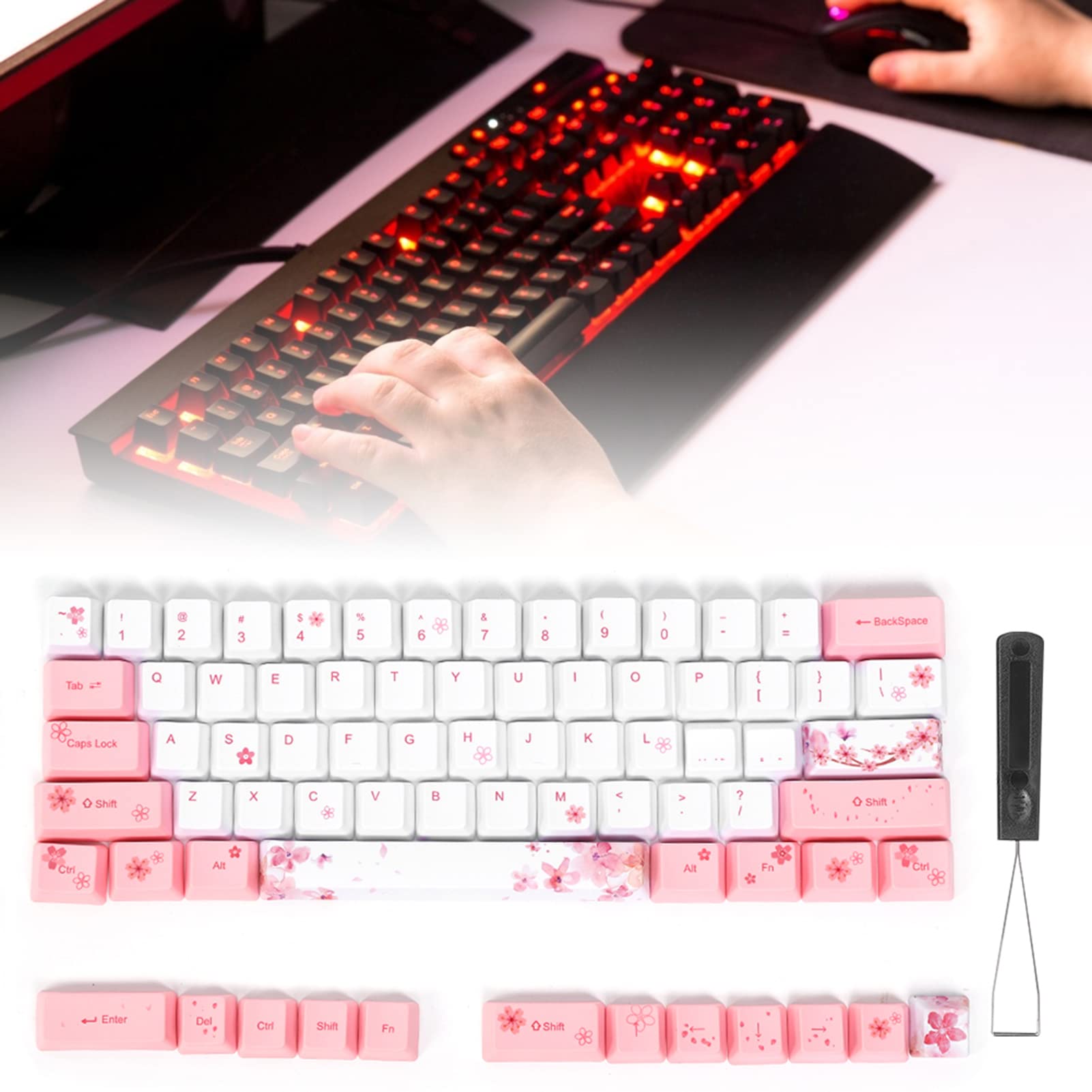 73 klawisze sublimacji PBT mechaniczne akcesoria do klawiatury, zestaw klawiszy z wzorem kwiatu wiśni, uniwersalne dopasowanie do klawiatury mechanicznej z uroczymi wzorami, w tym 73 (6064