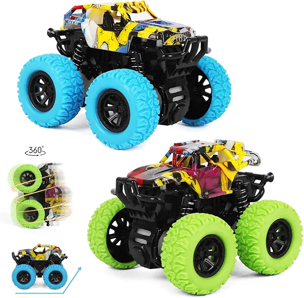 M SANMERSEN Monster Truck Toys for Ages 2-4, Friction Cars for Toddlers 1-3 Push and Go 360° Rotating Stunt Car for 2+ Year Old Boys Girls Gifts (2 Pack - Blue and Green)